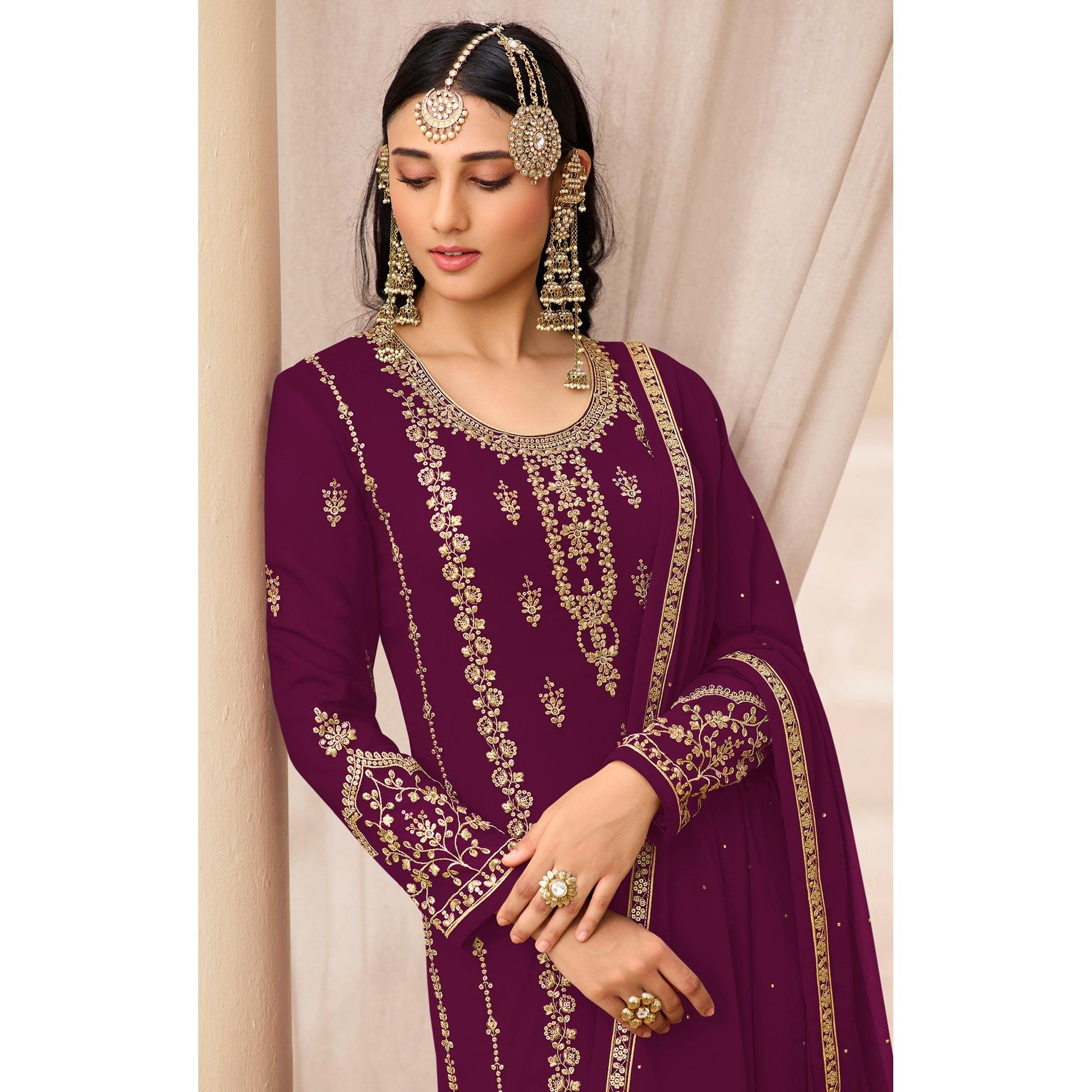 Wine Partywear Designer Embroidered With Sequence Georgette Palazzo Suit - Peachmode