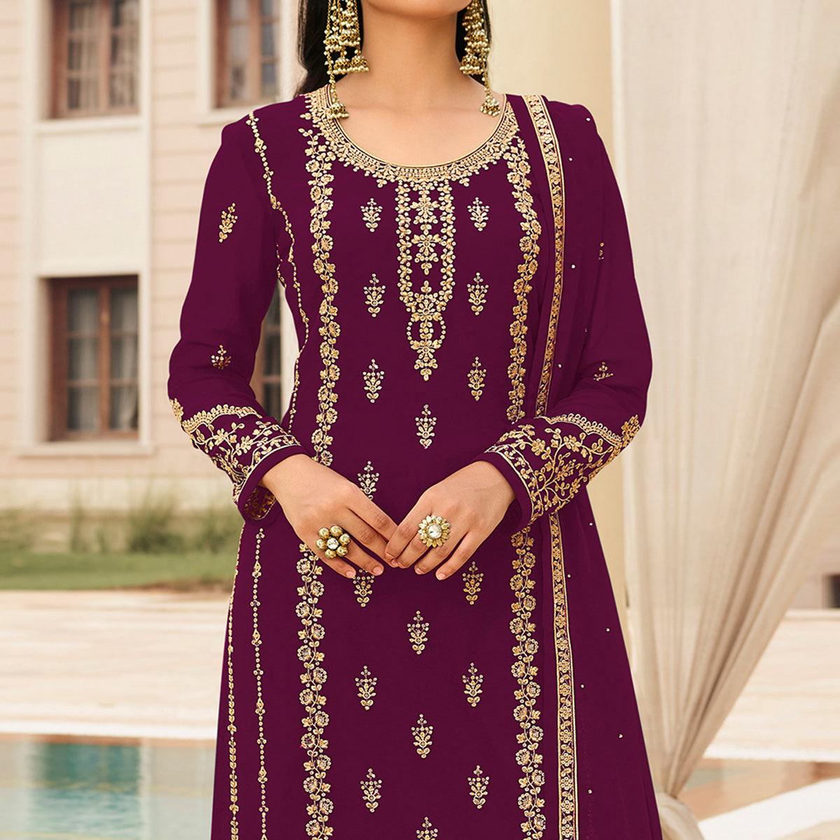 Wine Partywear Designer Embroidered With Sequence Georgette Palazzo Suit - Peachmode