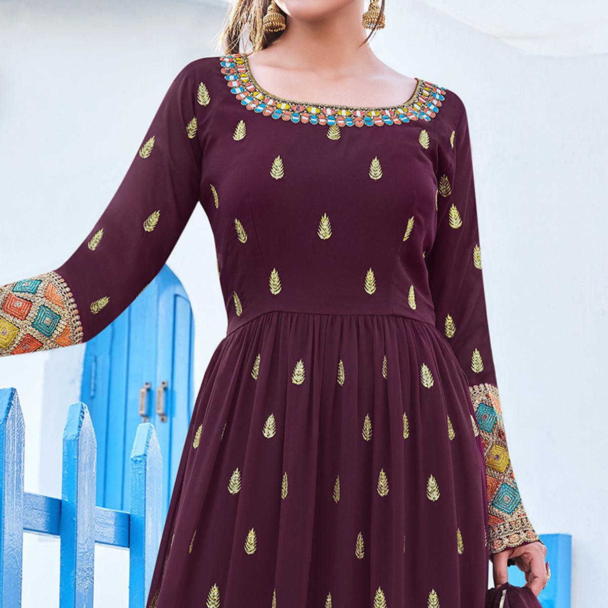 Wine Partywear Designer Embroidery Georgette Suit - Peachmode