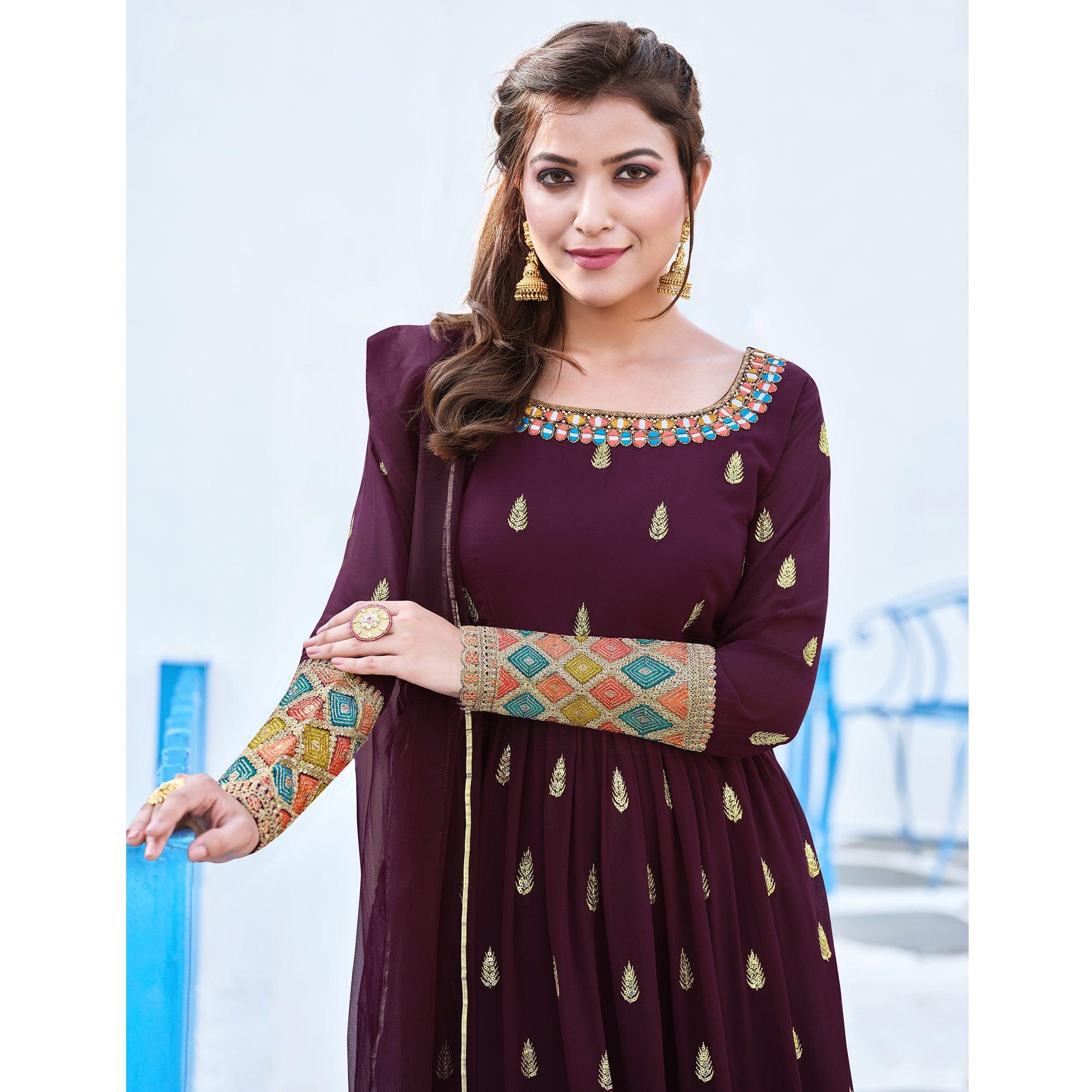 Wine Partywear Designer Embroidery Georgette Suit - Peachmode