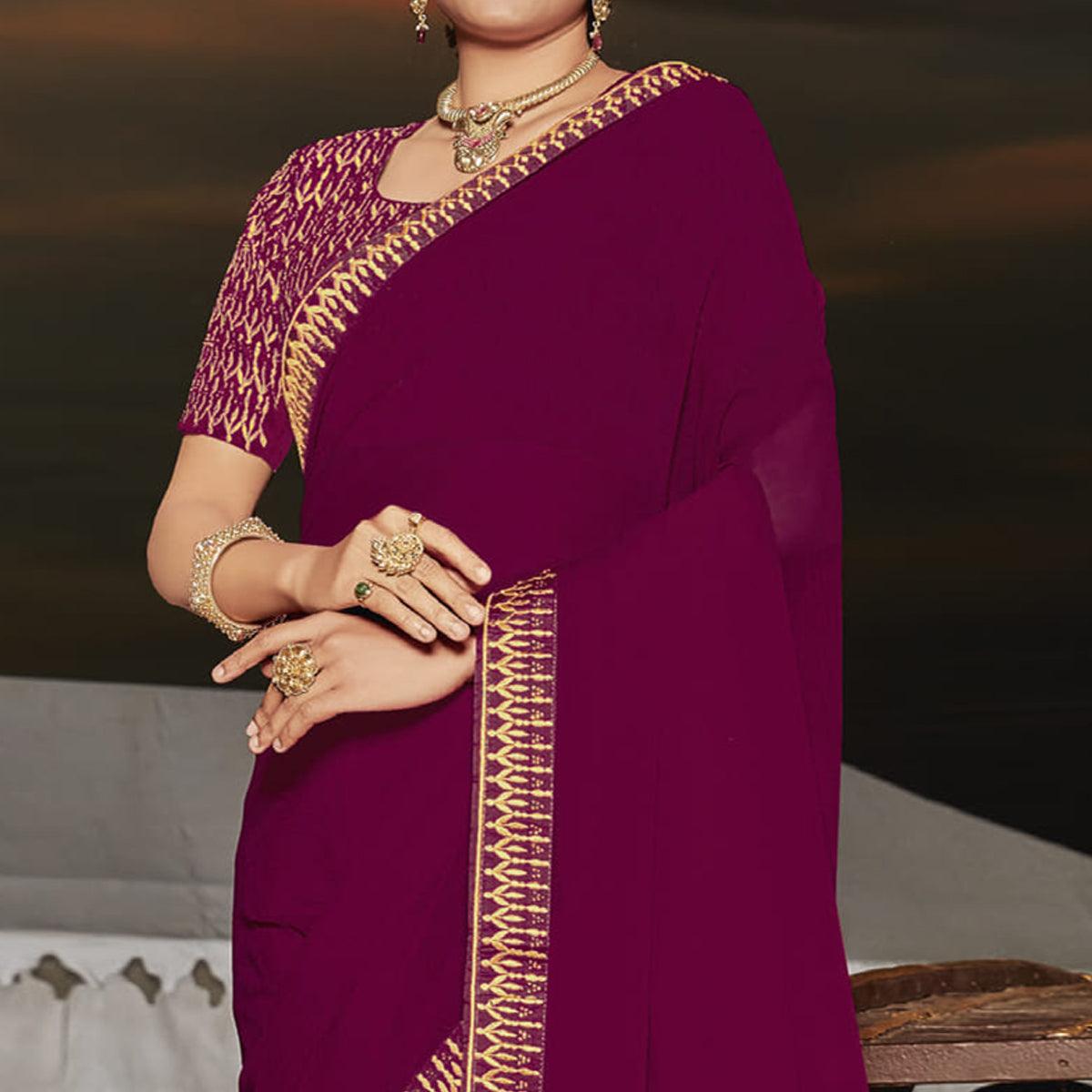 Wine Partywear Embellished Georgette Saree - Peachmode