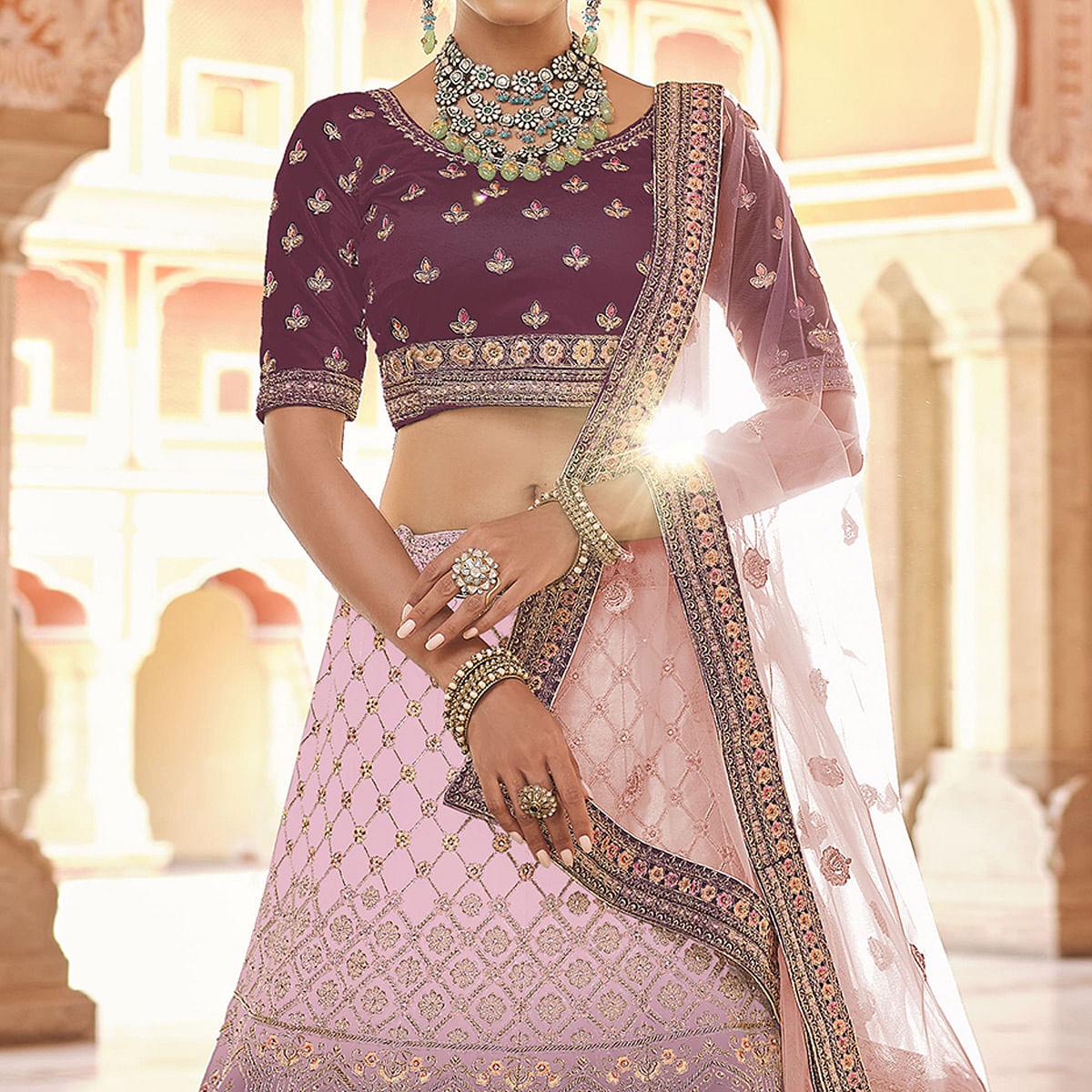 Wine Partywear Embellished Velvet Lehenga Choli - Peachmode