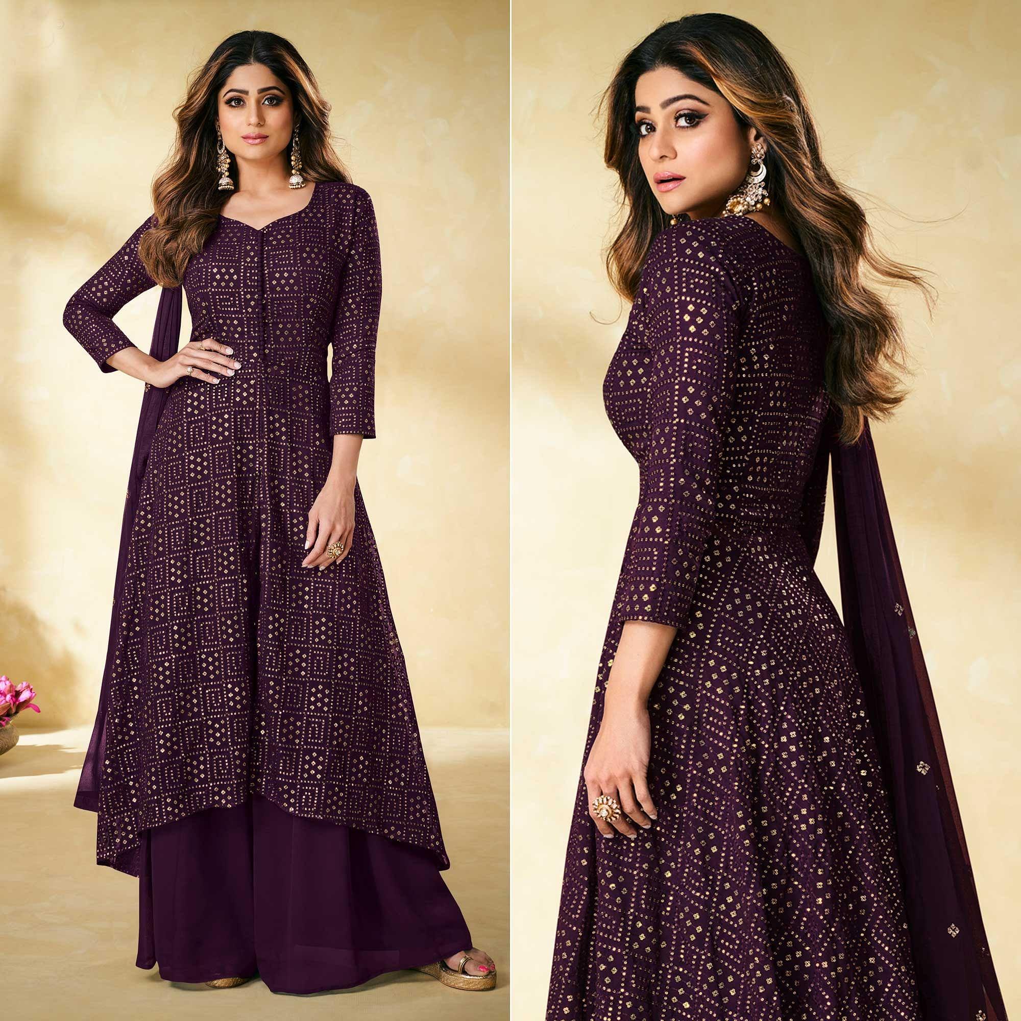 Wine Partywear Embellished With Embroidered Georgette Palazzo Suit - Peachmode