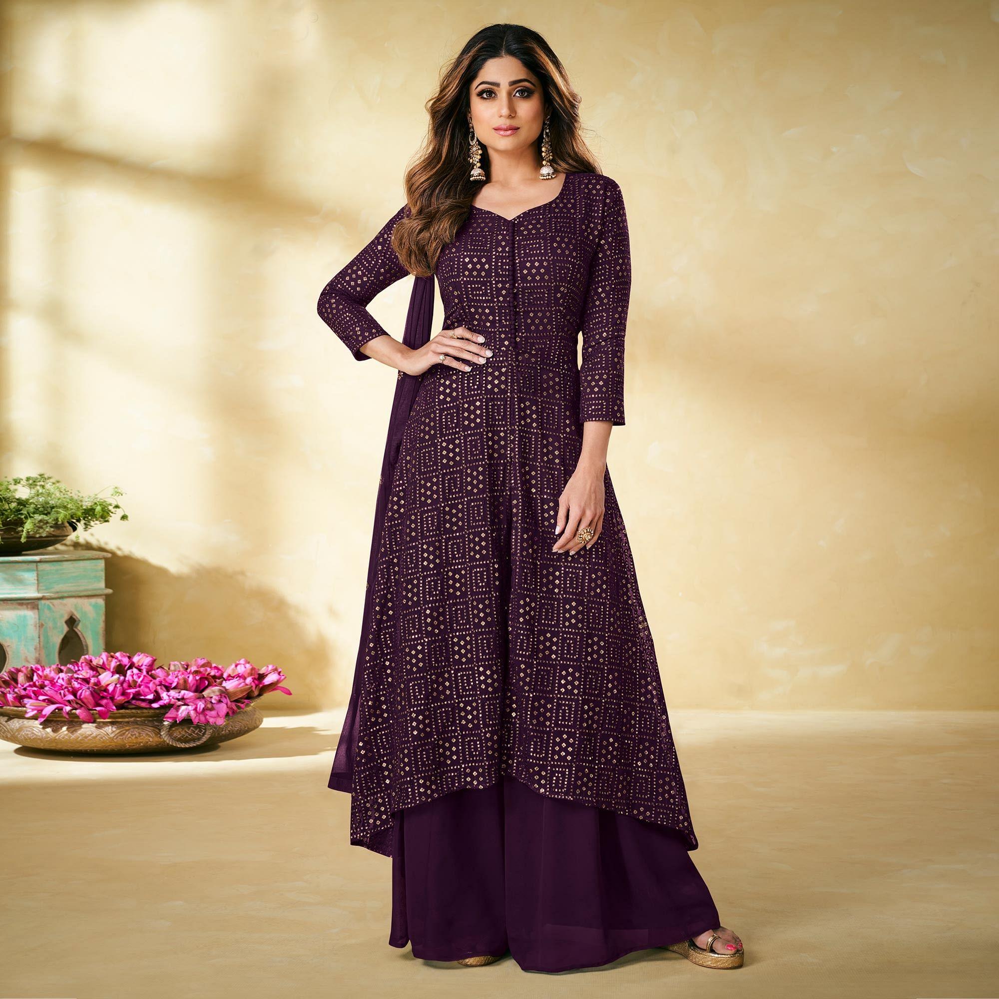 Wine Partywear Embellished With Embroidered Georgette Palazzo Suit - Peachmode