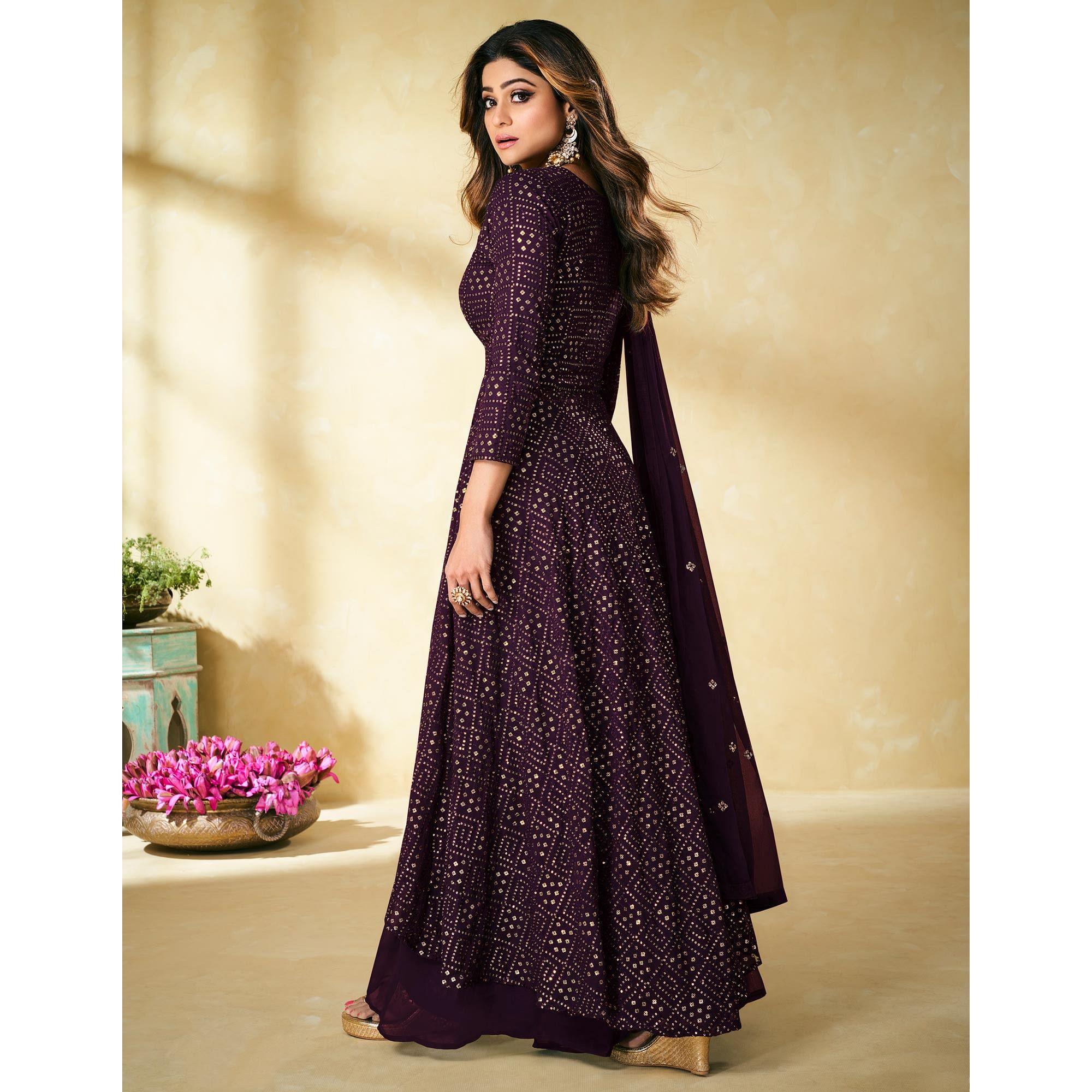 Wine Partywear Embellished With Embroidered Georgette Palazzo Suit - Peachmode