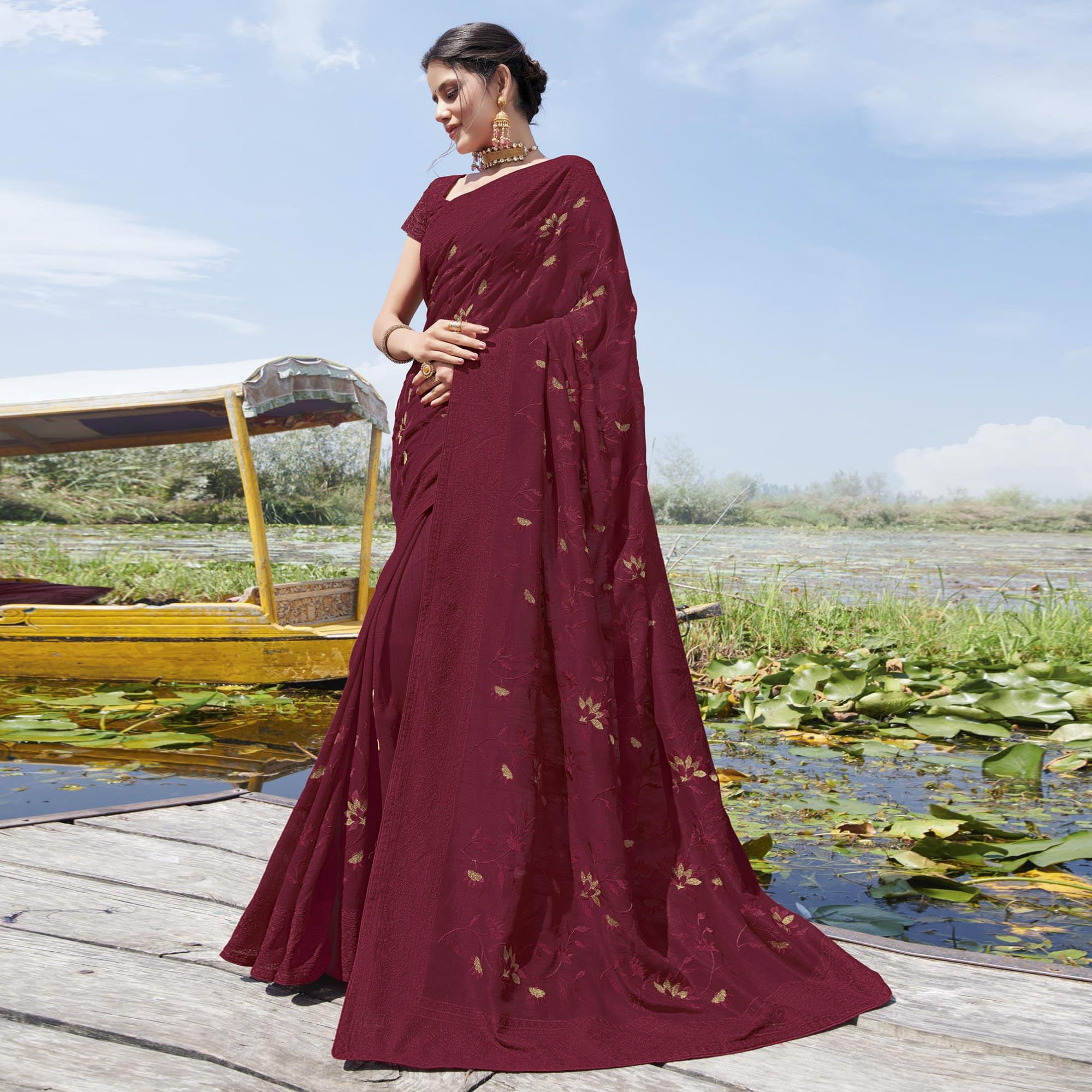 Wine Partywear Embroidered Bluecherry Silk Saree - Peachmode