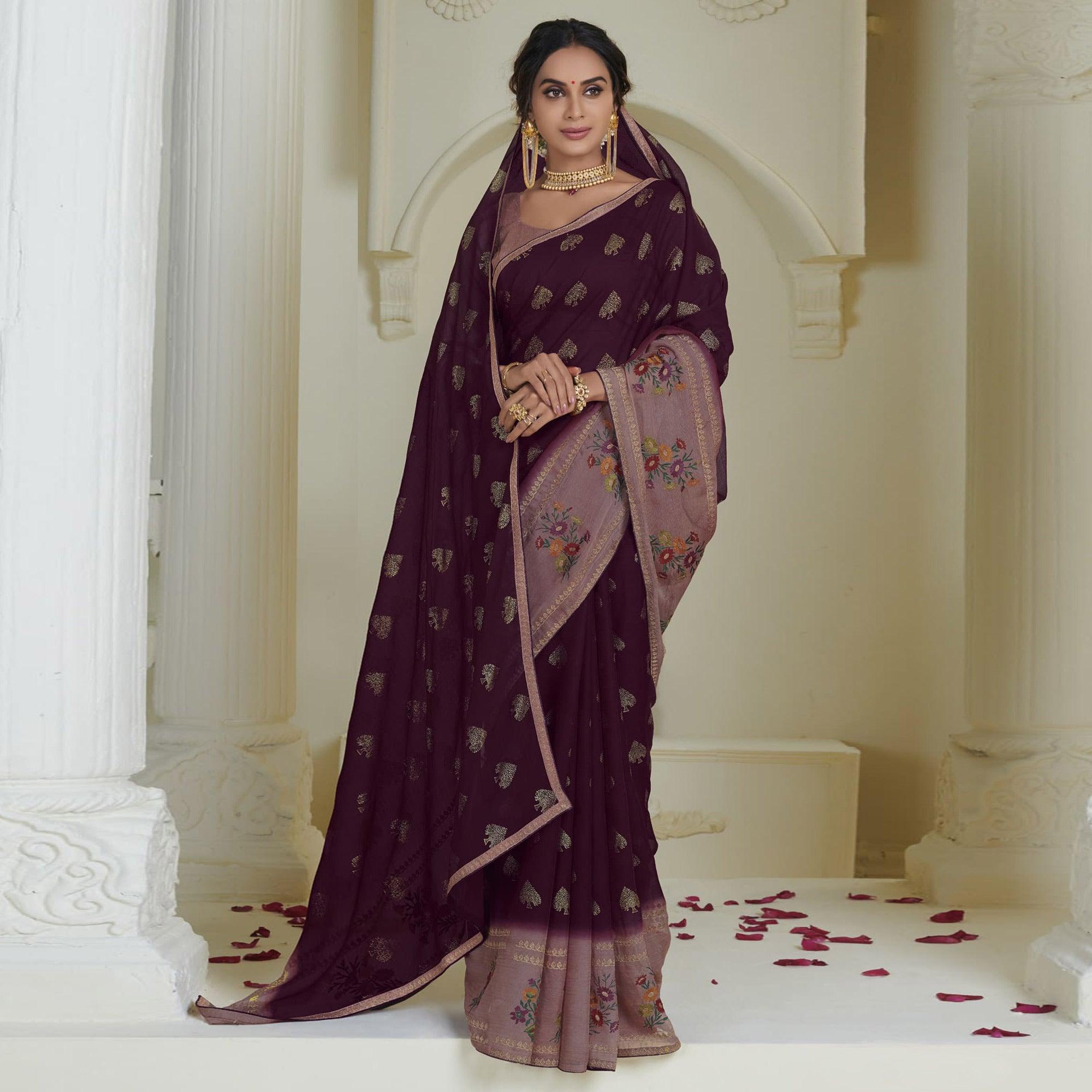Wine Partywear Embroidered Chiffon Saree - Peachmode