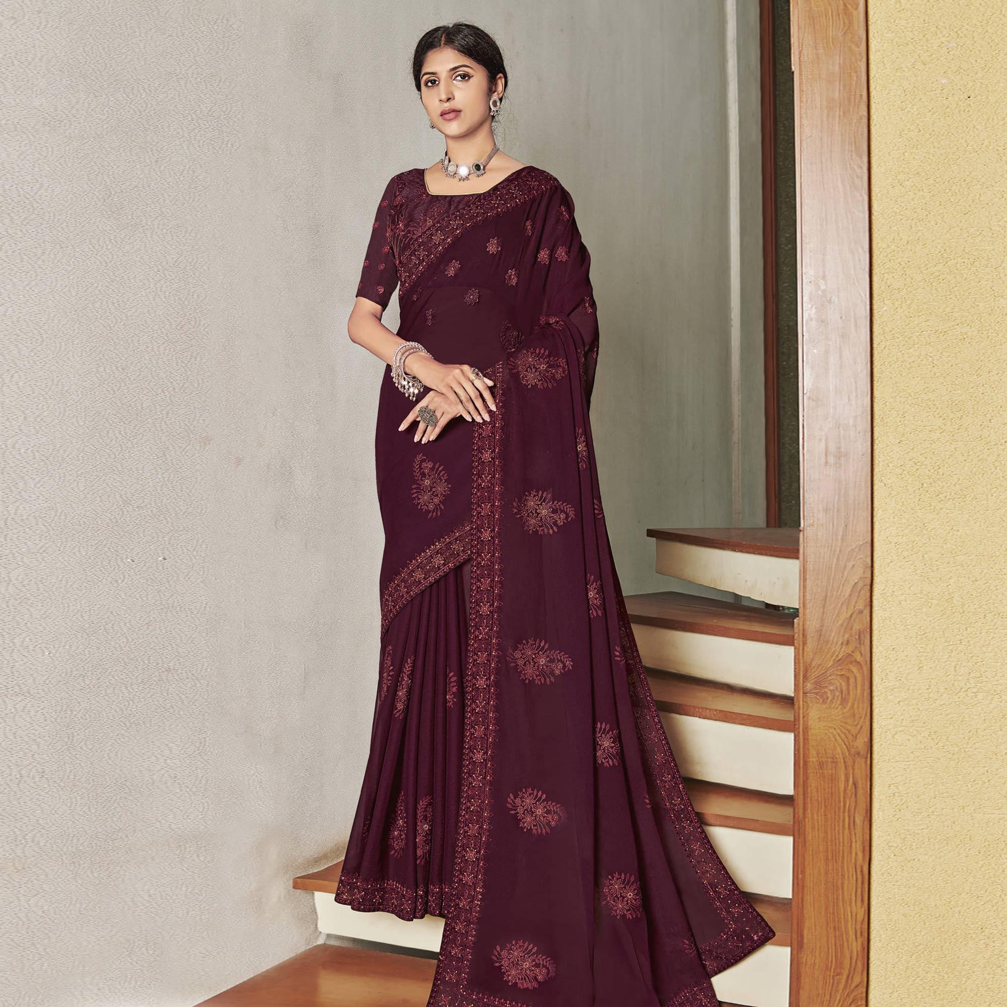 Wine Partywear Embroidered Chiffon Saree - Peachmode