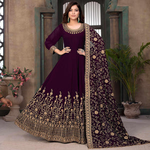 Wine Partywear Embroidered Georgette Anarkali Suit - Peachmode