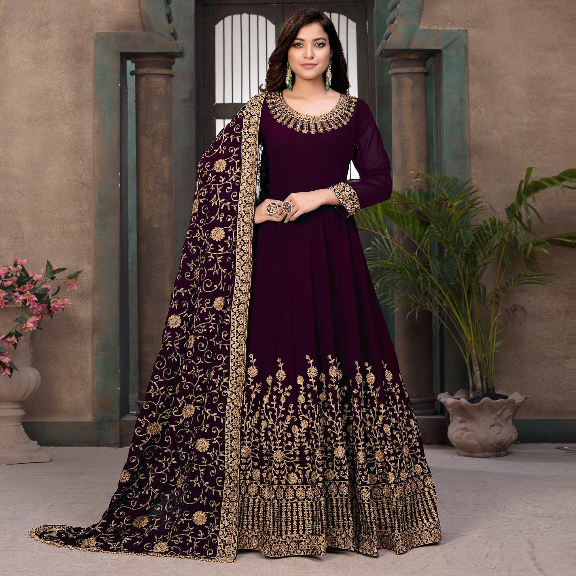Wine Partywear Embroidered Georgette Anarkali Suit - Peachmode
