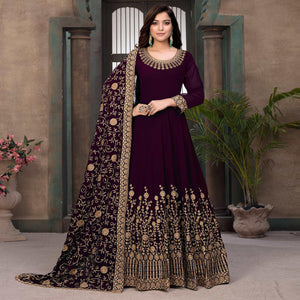 Wine Partywear Embroidered Georgette Anarkali Suit - Peachmode