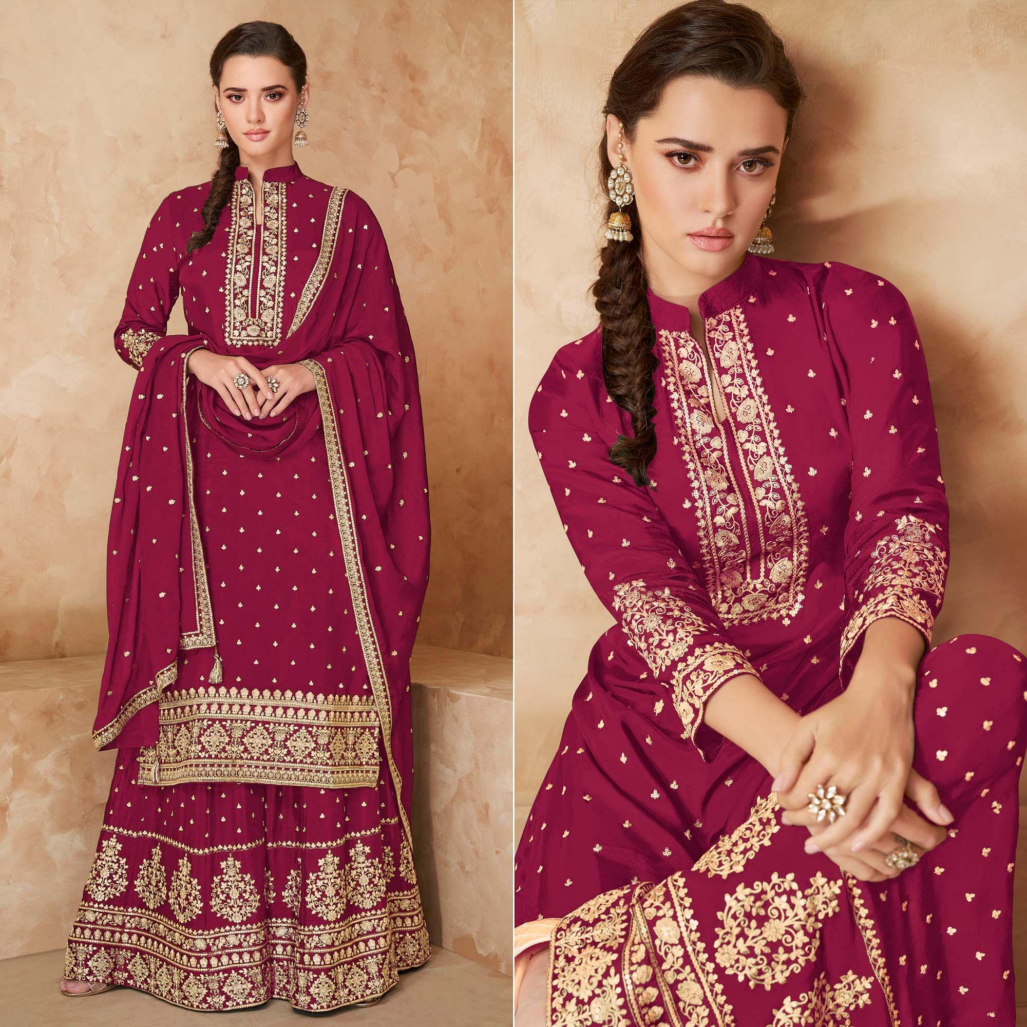 Wine Partywear Embroidered Georgette Palazzo Suit - Peachmode