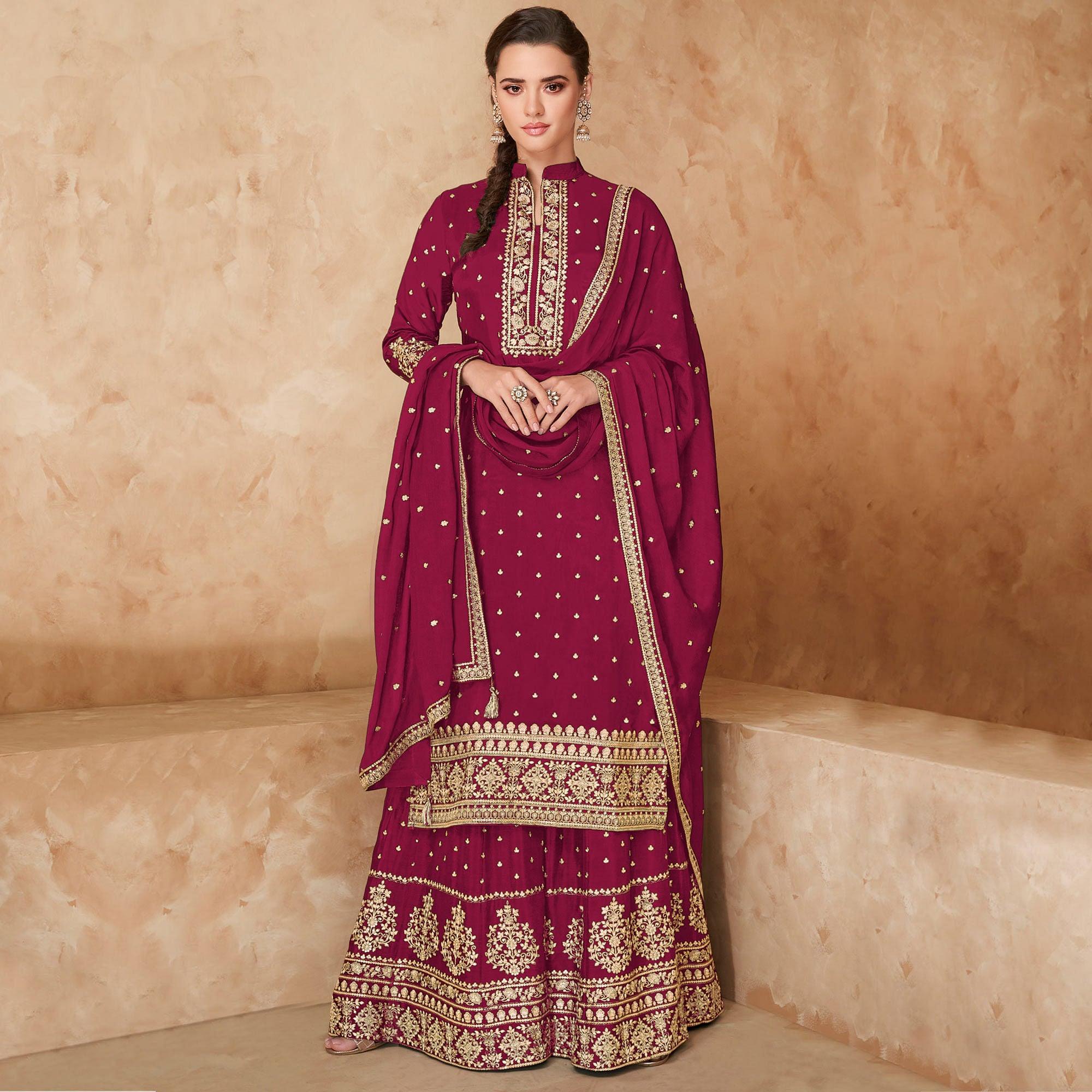 Wine Partywear Embroidered Georgette Palazzo Suit - Peachmode