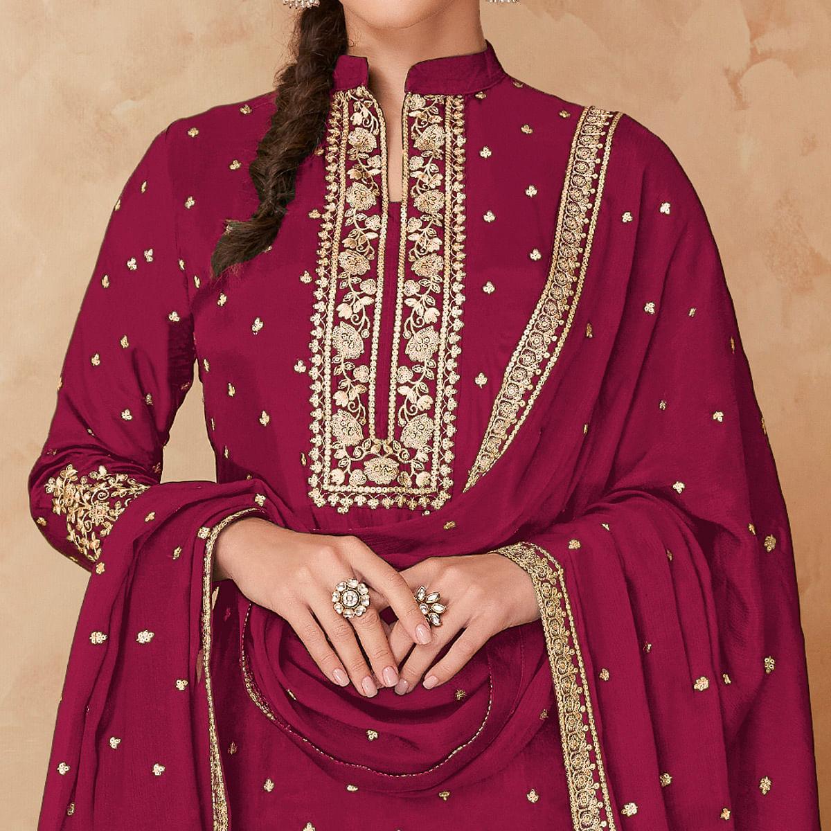Wine Partywear Embroidered Georgette Palazzo Suit - Peachmode