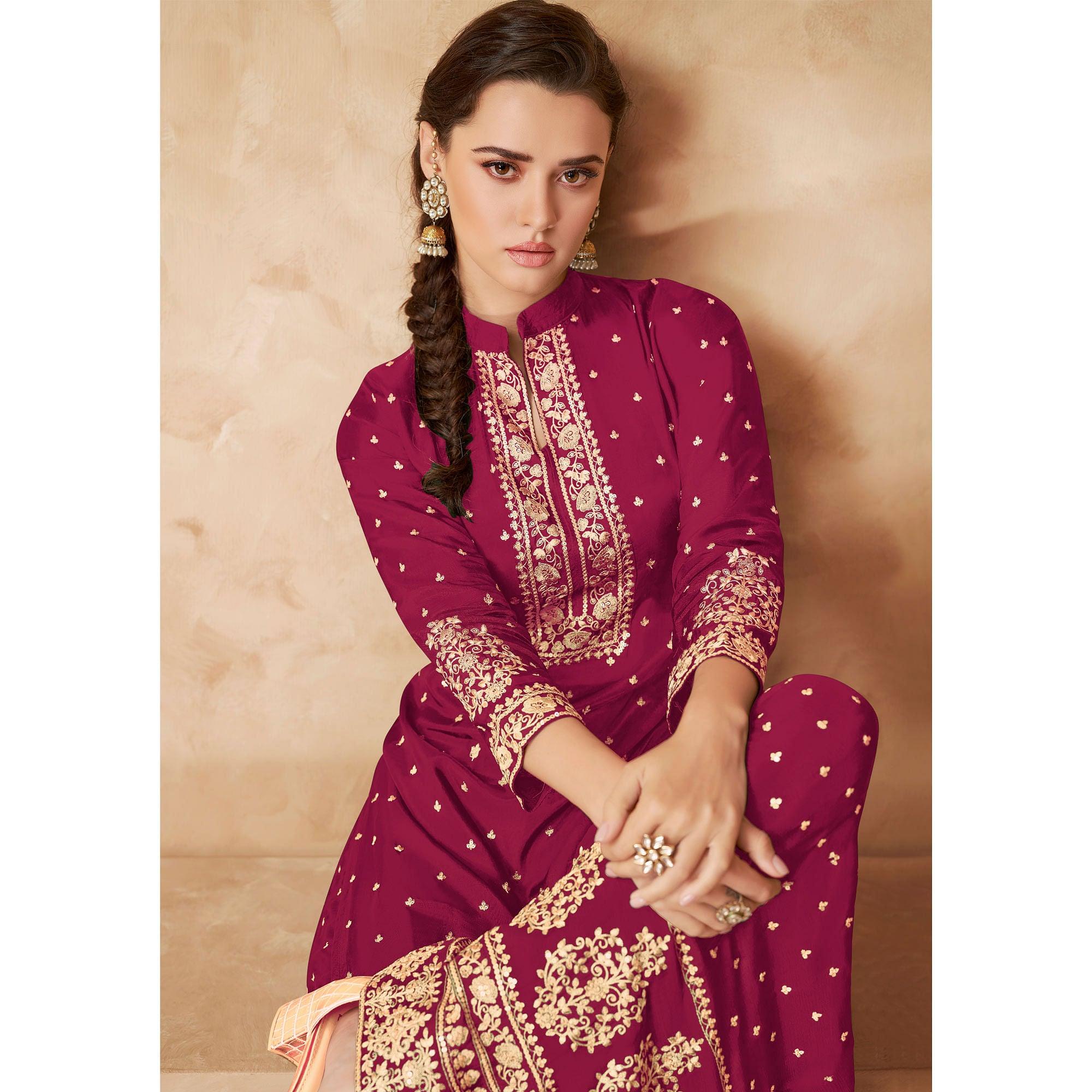 Wine Partywear Embroidered Georgette Palazzo Suit - Peachmode