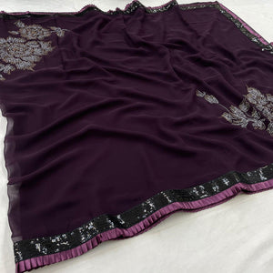 Wine Partywear Embroidered Georgette Saree - Peachmode