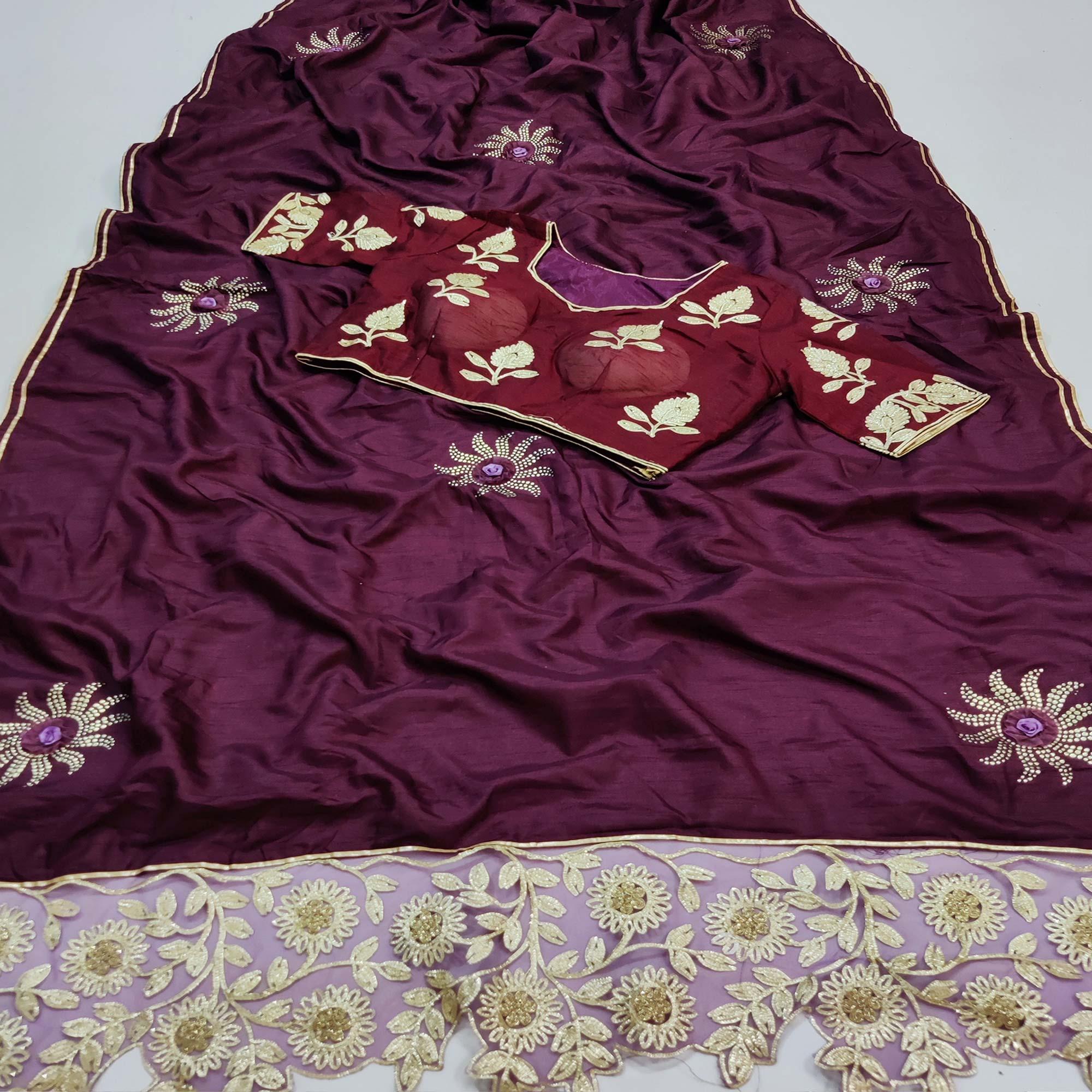 Wine Partywear Embroidered Heavy Dola Silk Saree - Peachmode