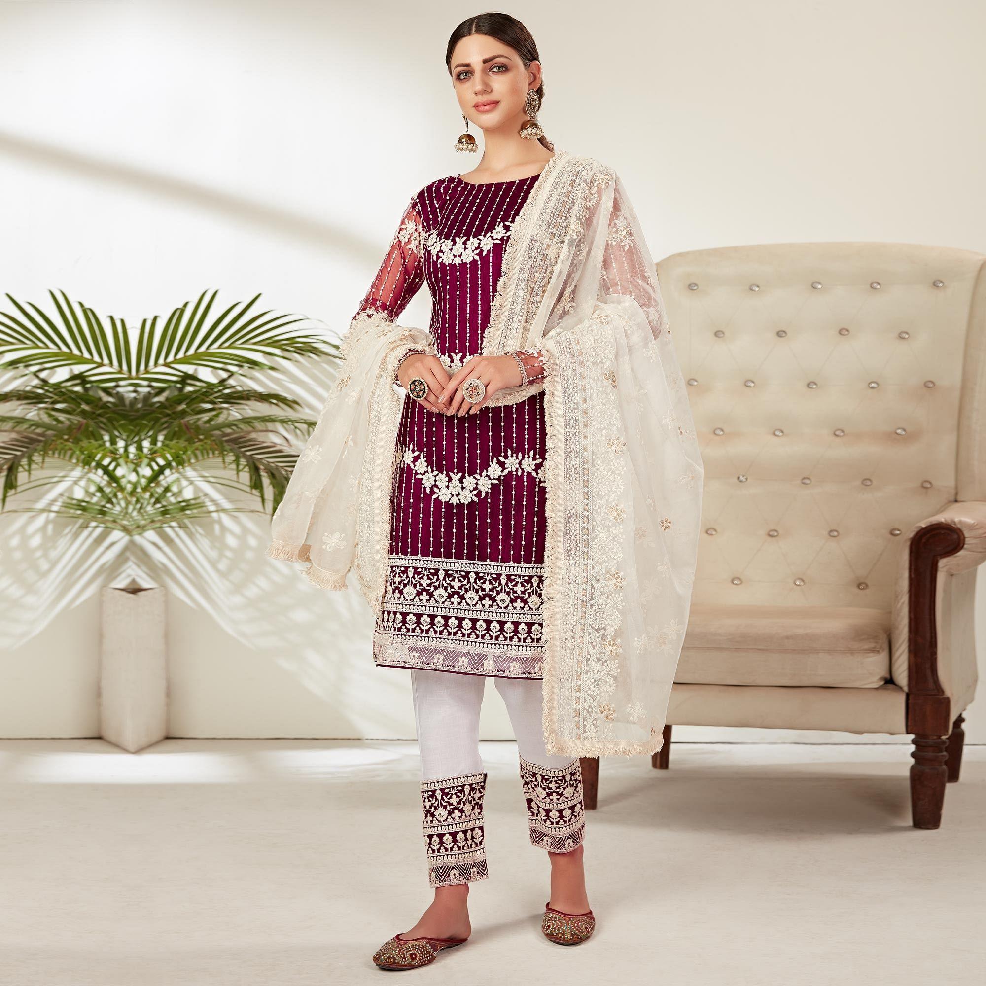Wine Partywear Embroidered Heavy Net Pakistani Suit - Peachmode