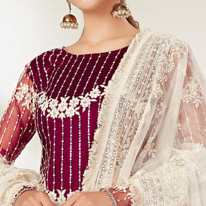 Wine Partywear Embroidered Heavy Net Pakistani Suit - Peachmode