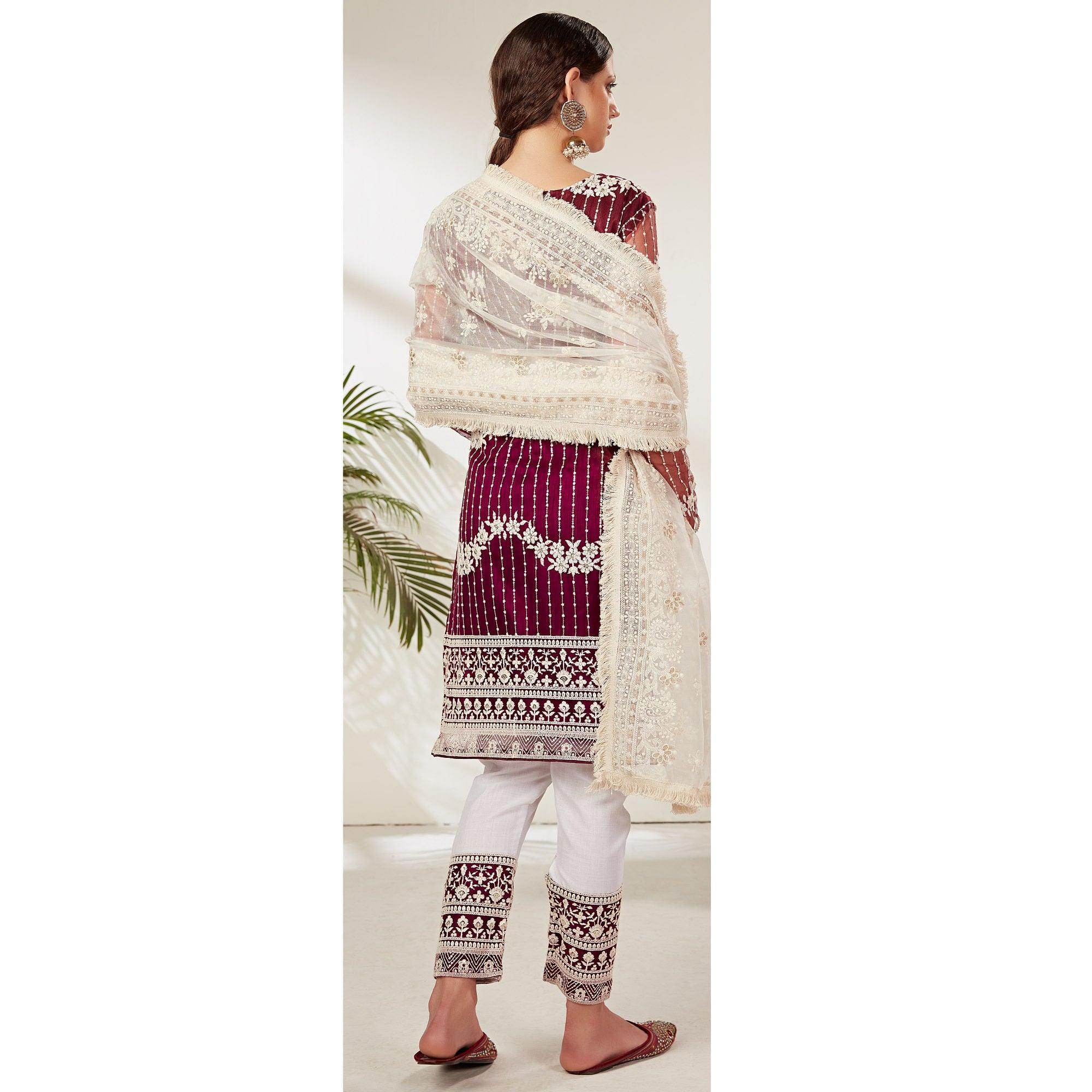 Wine Partywear Embroidered Heavy Net Pakistani Suit - Peachmode