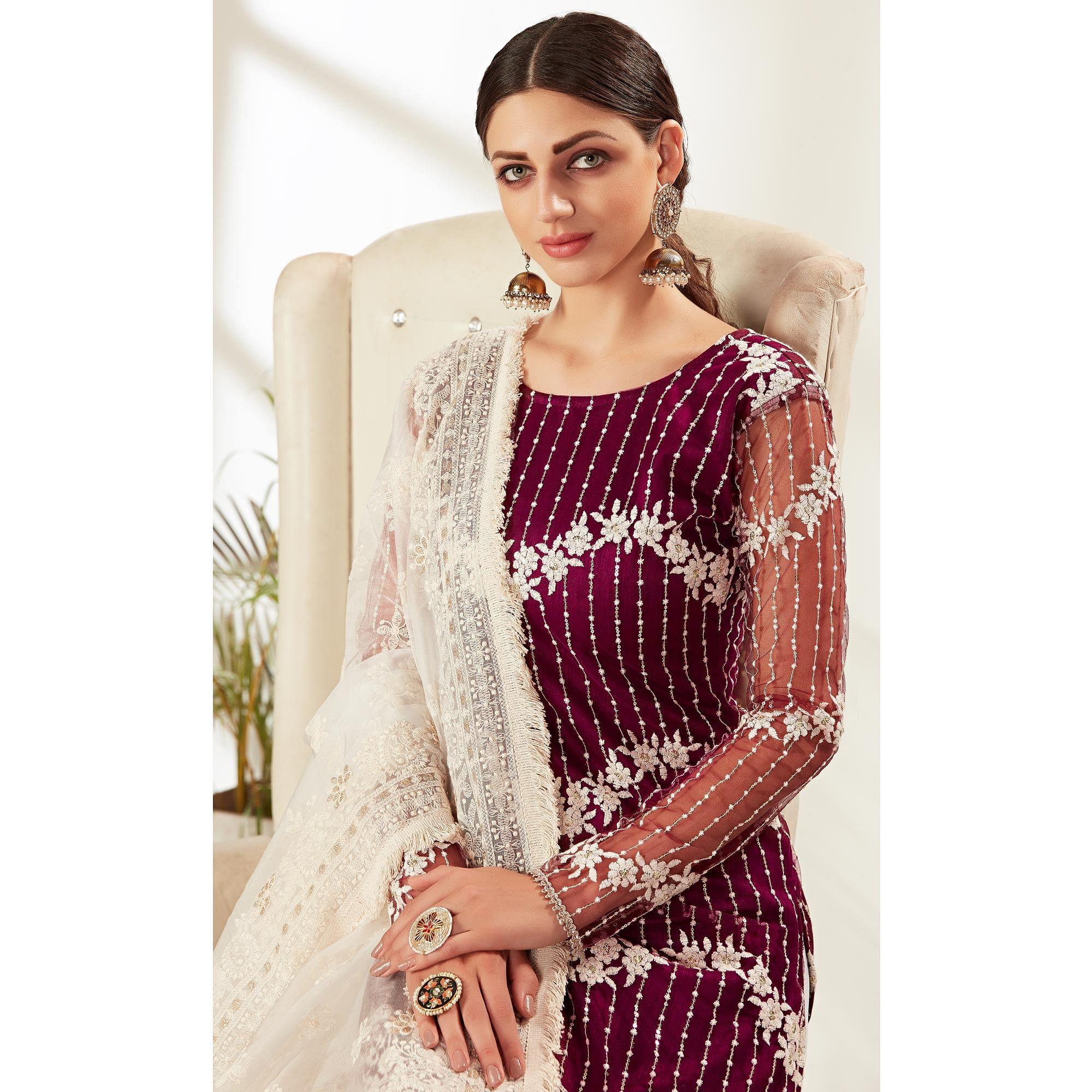 Wine Partywear Embroidered Heavy Net Pakistani Suit - Peachmode