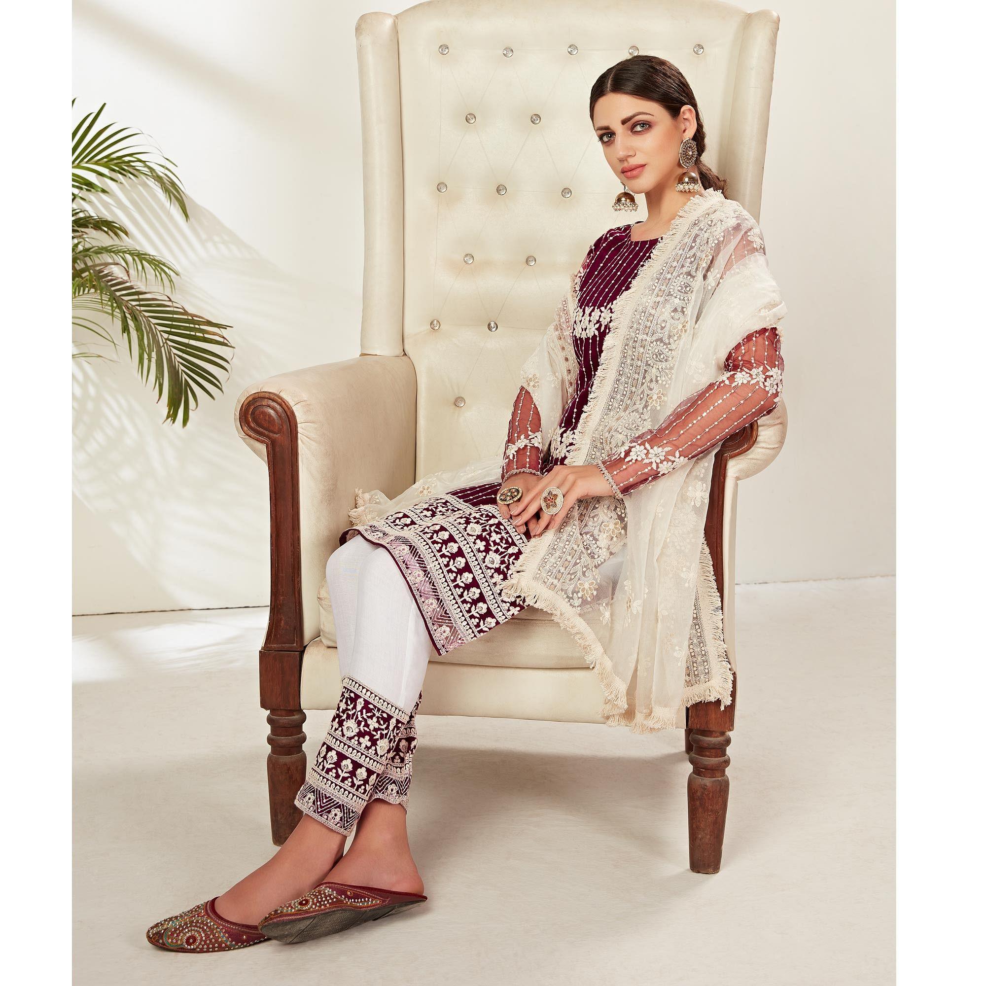 Wine Partywear Embroidered Heavy Net Pakistani Suit - Peachmode