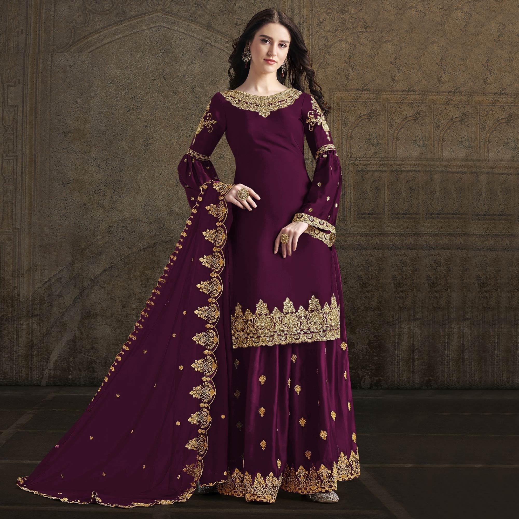 Wine Partywear Embroidered Rangoli Georgette Palazzo Suit - Peachmode