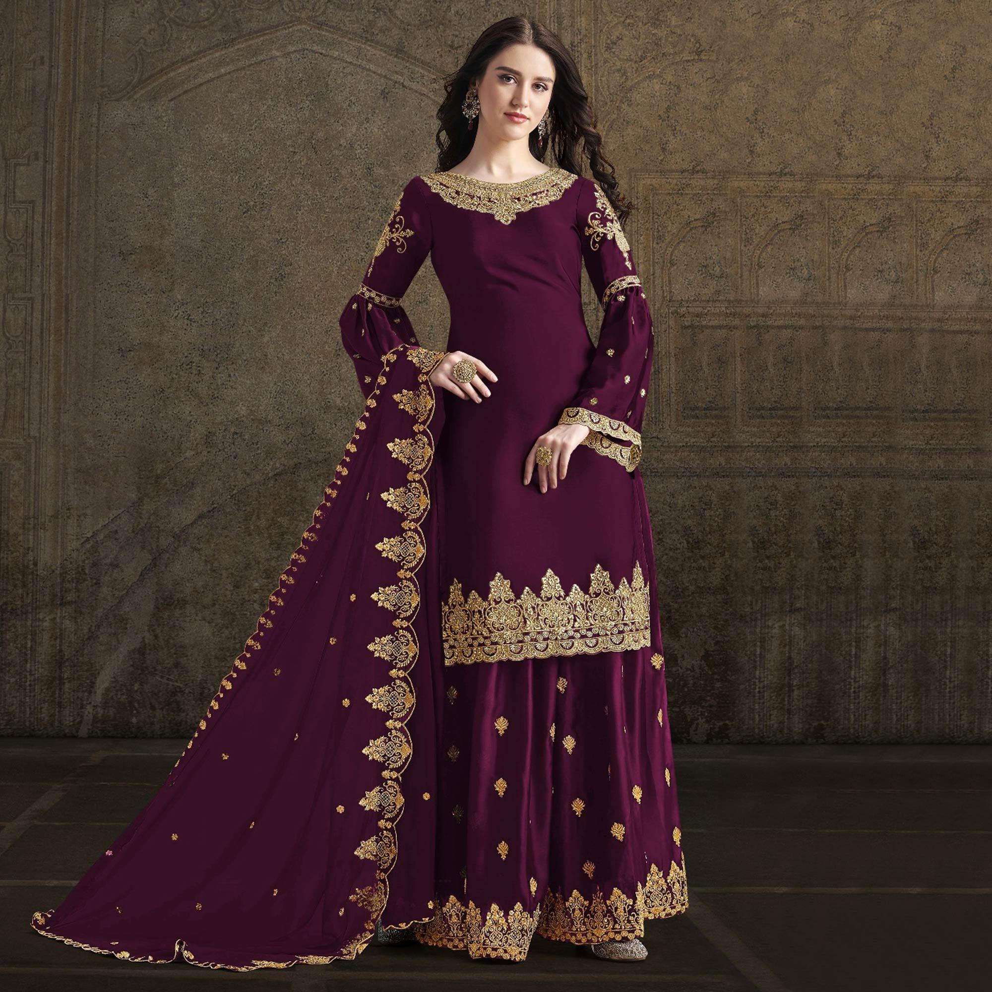 Wine Partywear Embroidered Rangoli Georgette Palazzo Suit - Peachmode