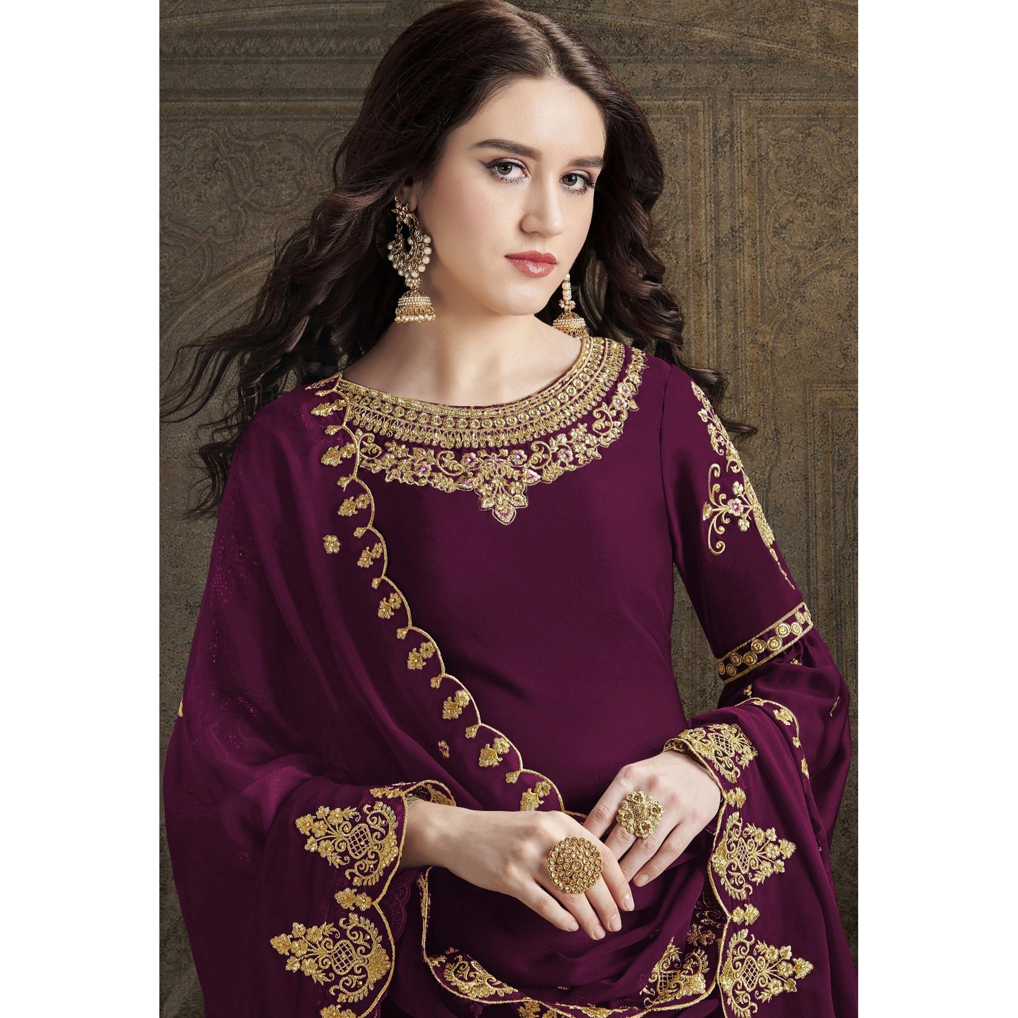 Wine Partywear Embroidered Rangoli Georgette Palazzo Suit - Peachmode