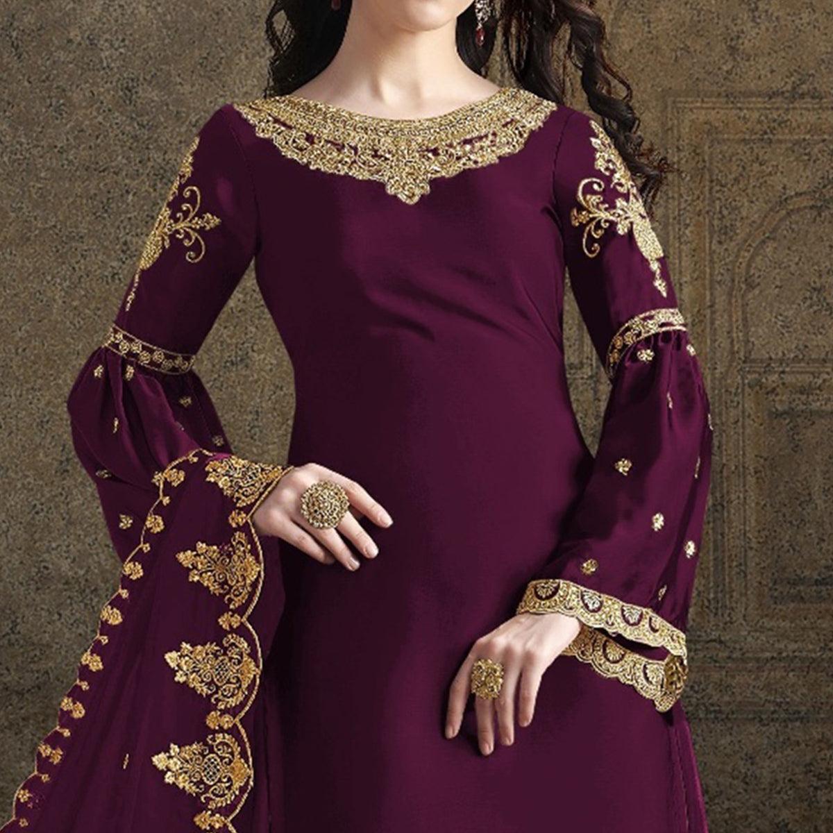 Wine Partywear Embroidered Rangoli Georgette Palazzo Suit - Peachmode