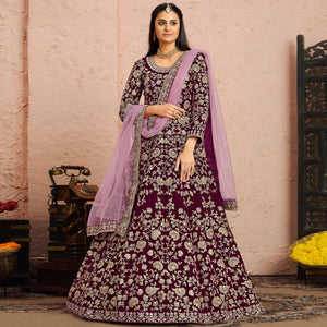 Wine Partywear Embroidered Velvet Anarkali Suit - Peachmode