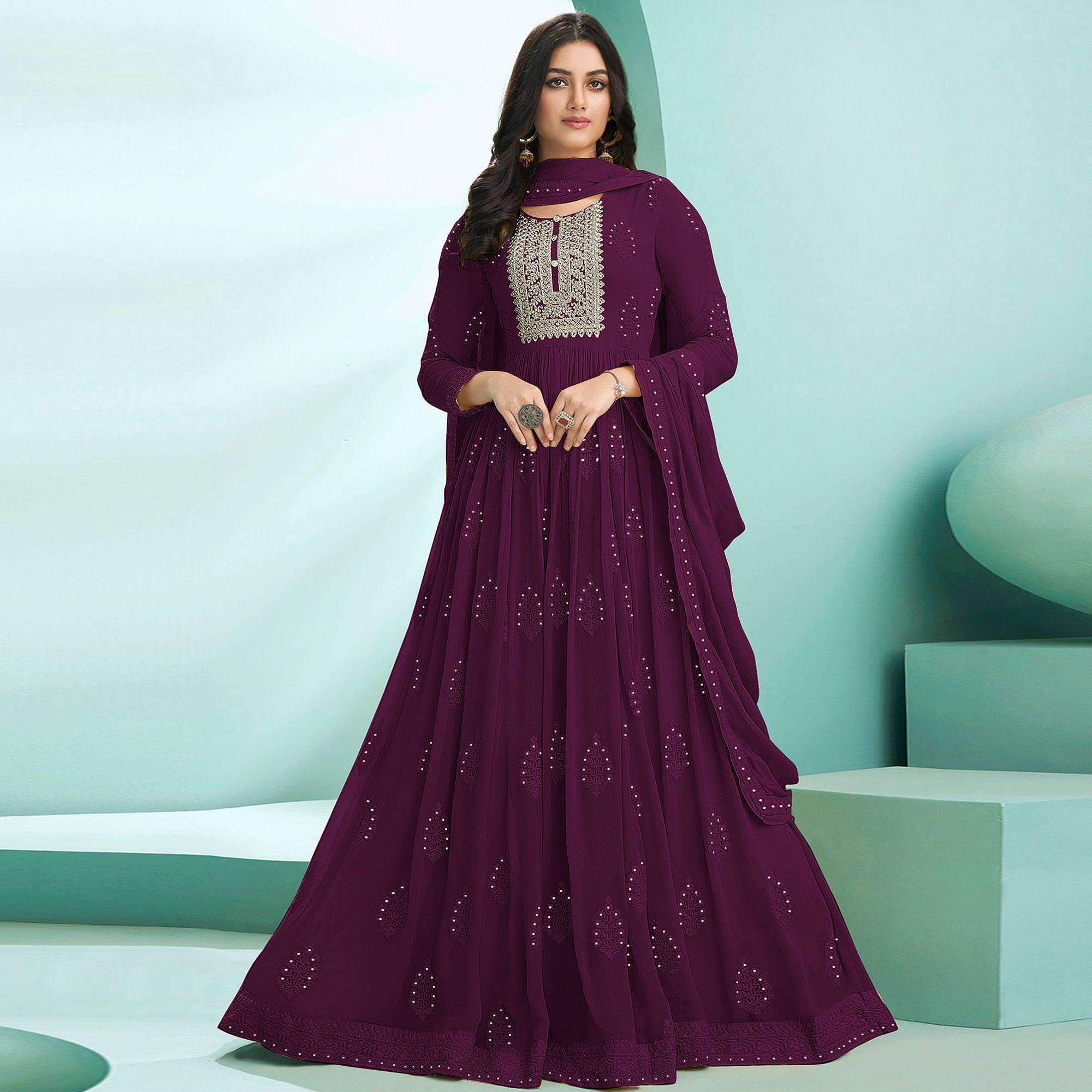 Wine Partywear Embroidery With Embellished Georgette Gown - Peachmode