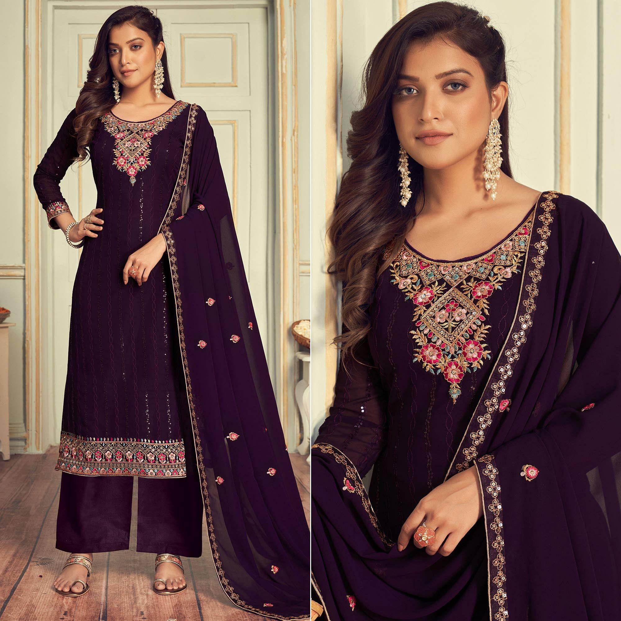 Wine Partywear Embroidery With Embellished Georgette Suit - Peachmode