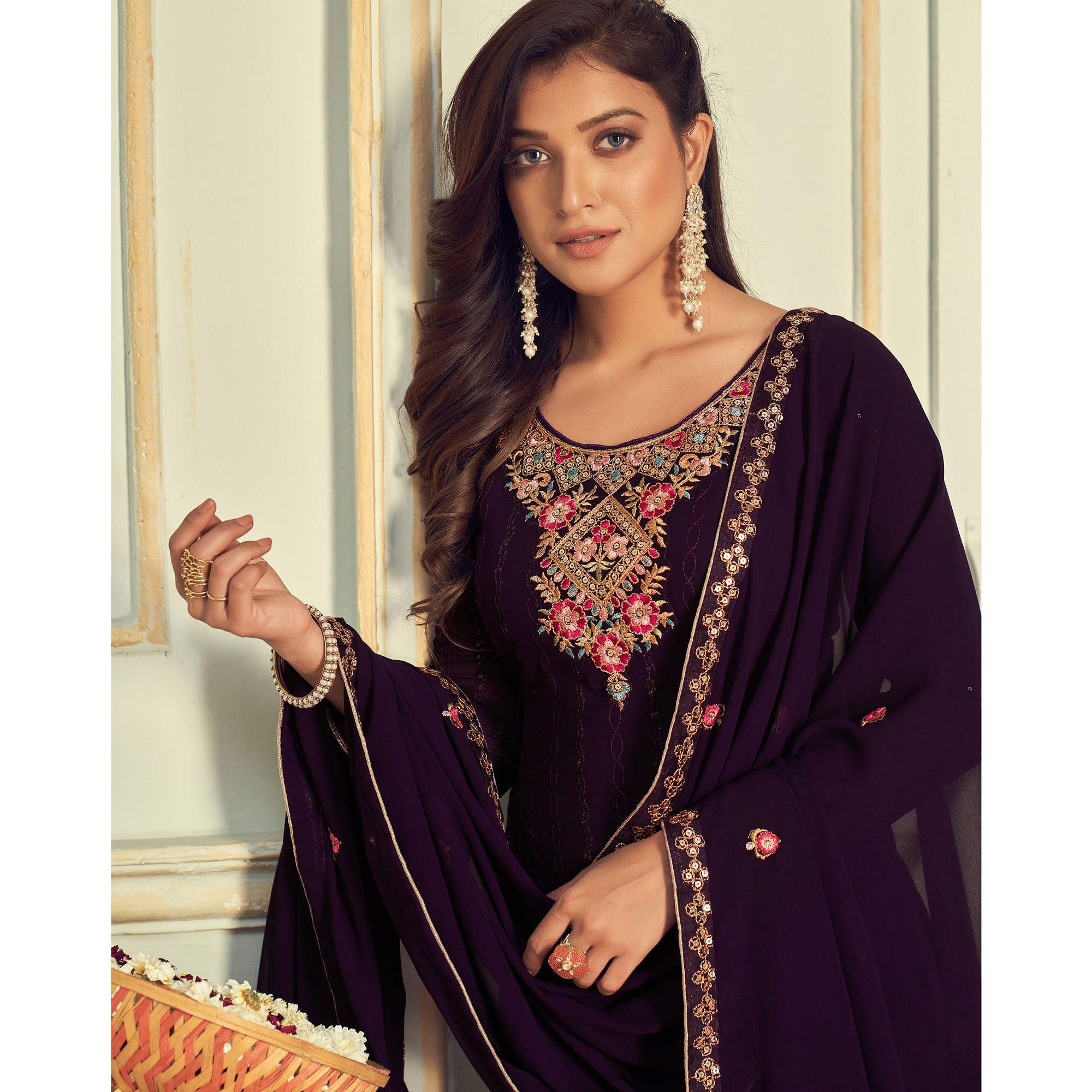 Wine Partywear Embroidery With Embellished Georgette Suit - Peachmode