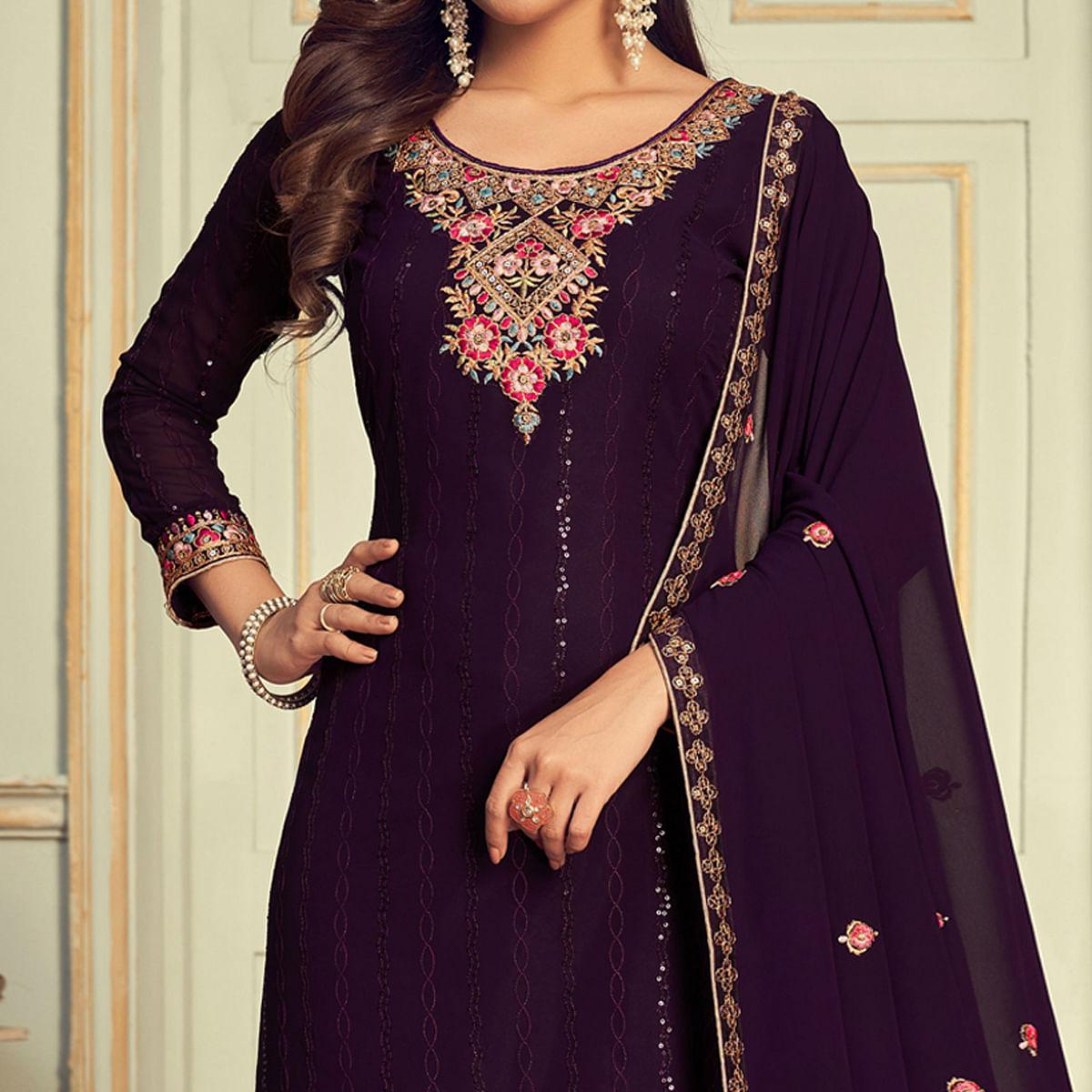 Wine Partywear Embroidery With Embellished Georgette Suit - Peachmode