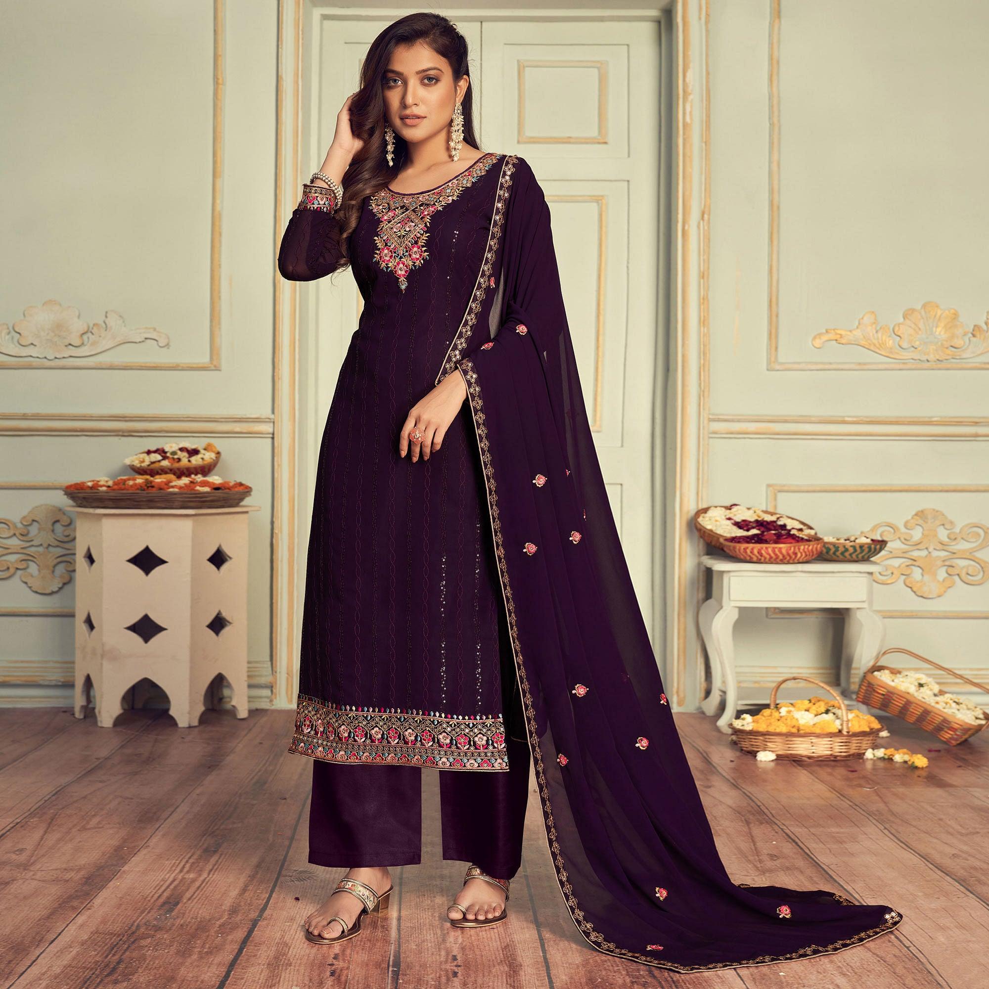 Wine Partywear Embroidery With Embellished Georgette Suit - Peachmode