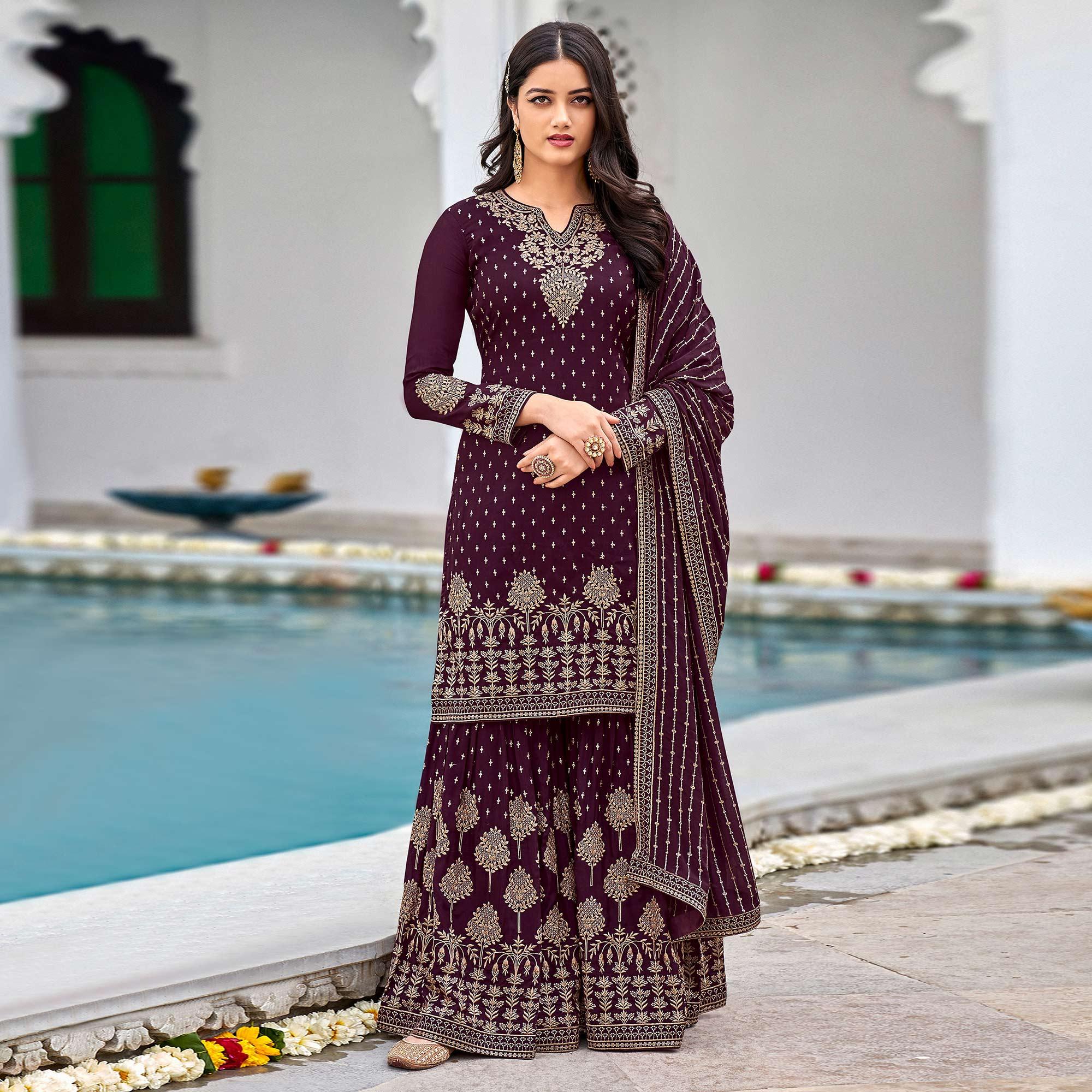 Wine Partywear Embroidery With Sequence Heavy Faux Georgette Salwar Suit - Peachmode