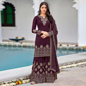 Wine Partywear Embroidery With Sequence Heavy Faux Georgette Salwar Suit - Peachmode