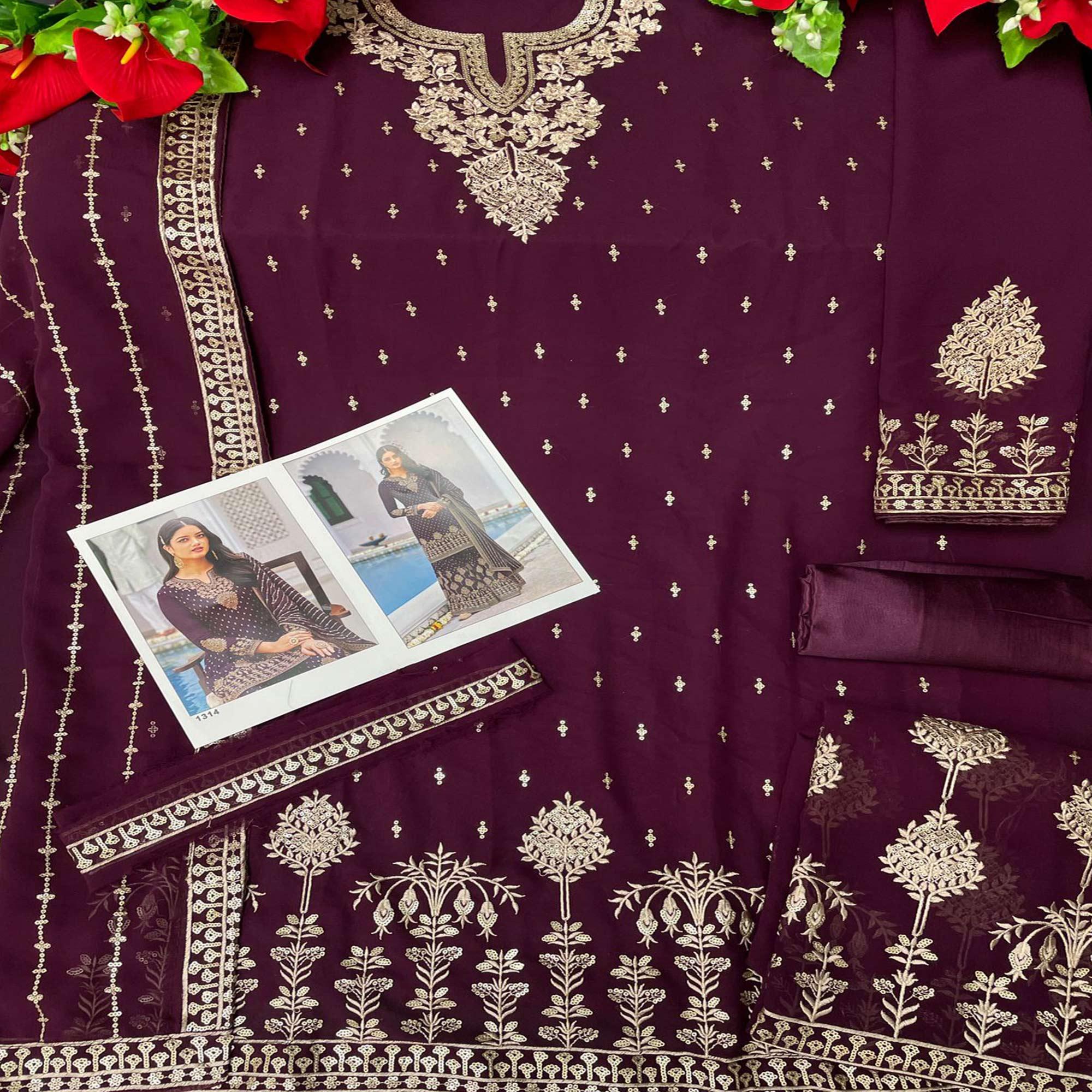 Wine Partywear Embroidery With Sequence Heavy Faux Georgette Salwar Suit - Peachmode