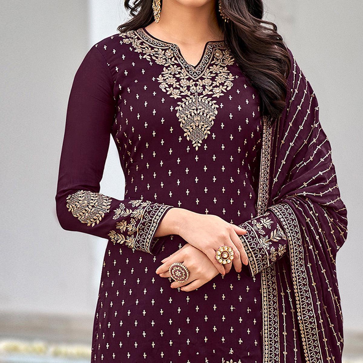 Wine Partywear Embroidery With Sequence Heavy Faux Georgette Salwar Suit - Peachmode