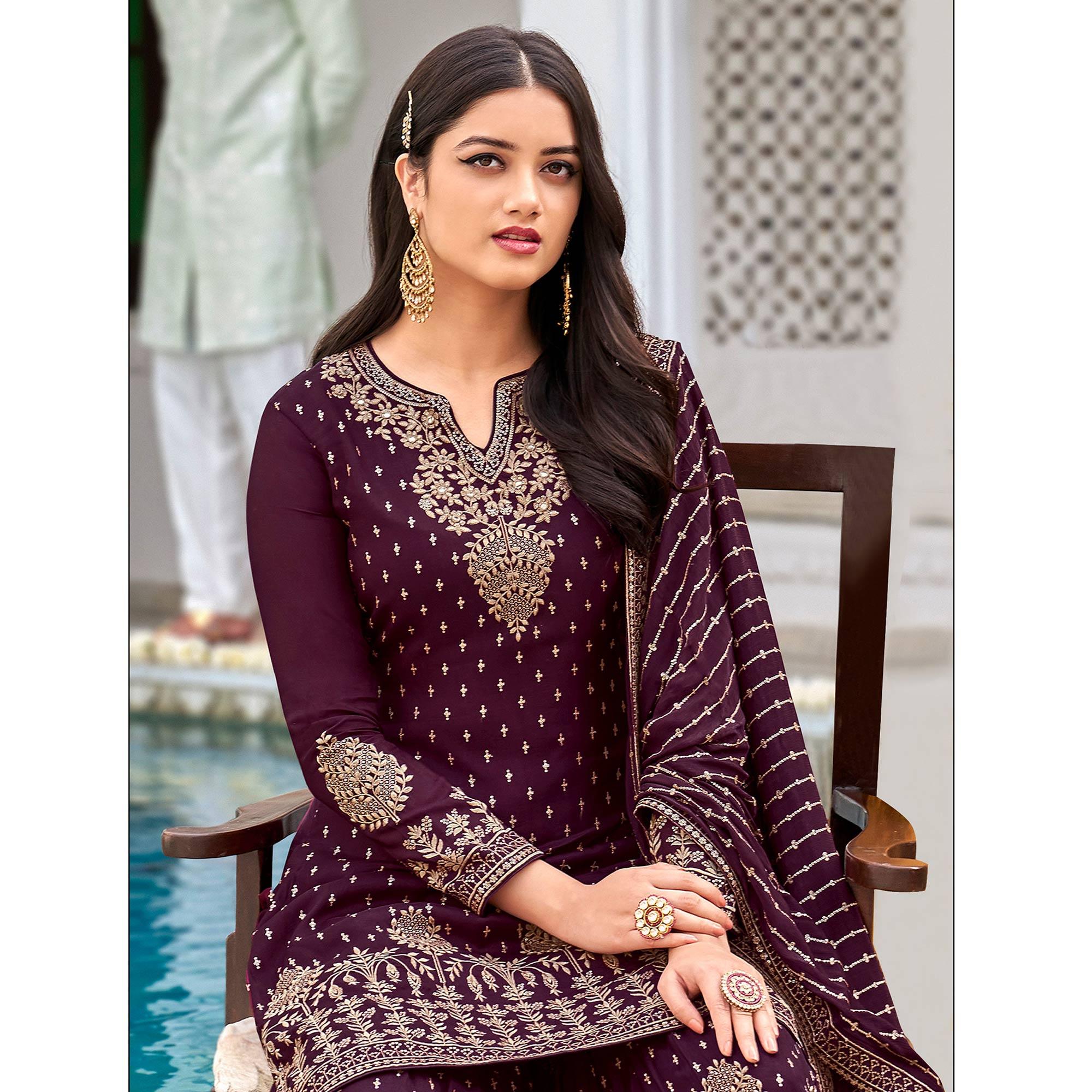 Wine Partywear Embroidery With Sequence Heavy Faux Georgette Salwar Suit - Peachmode