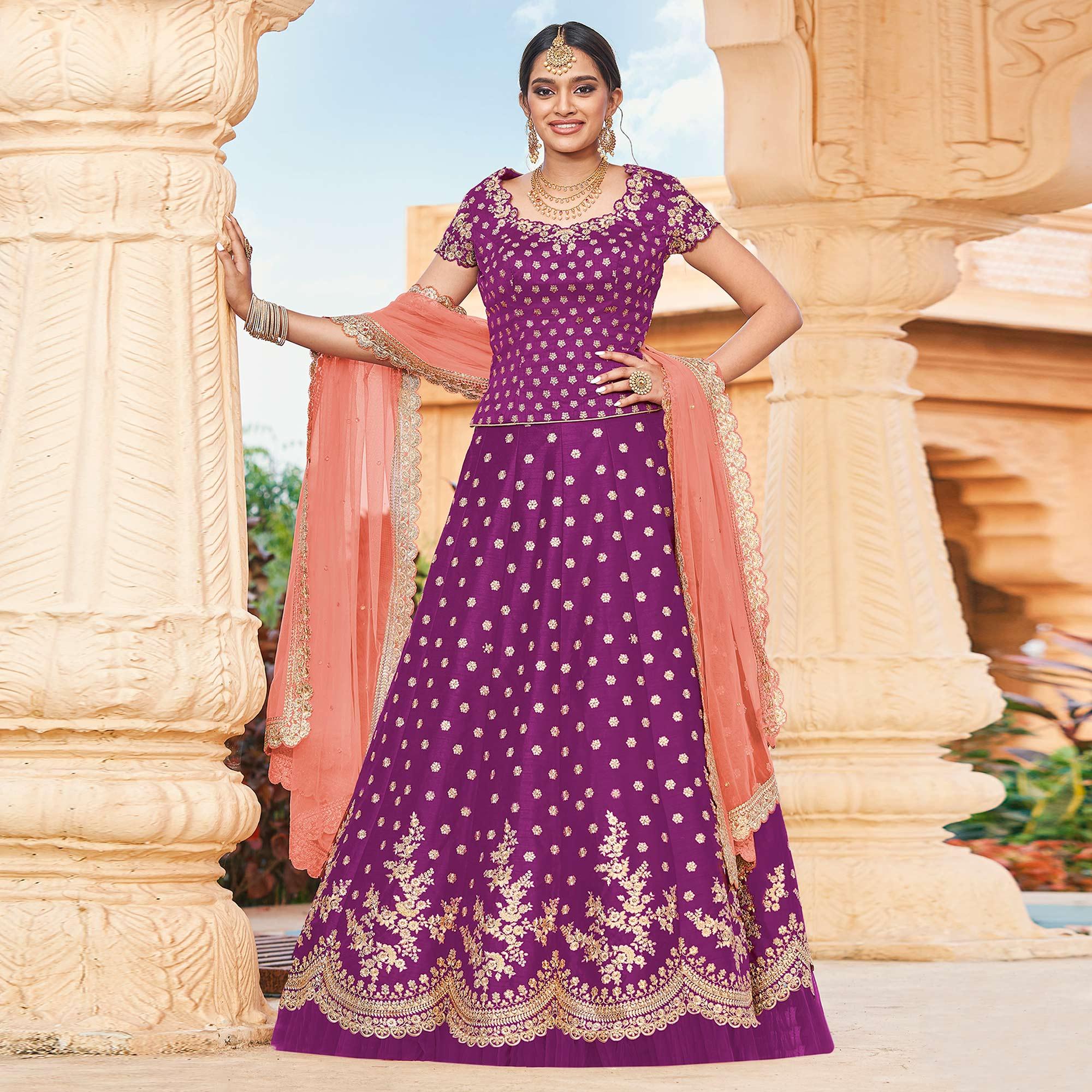 Wine Partywear Floral Embroidery With Zari Handloom Silk Frilled Lehenga Choli - Peachmode