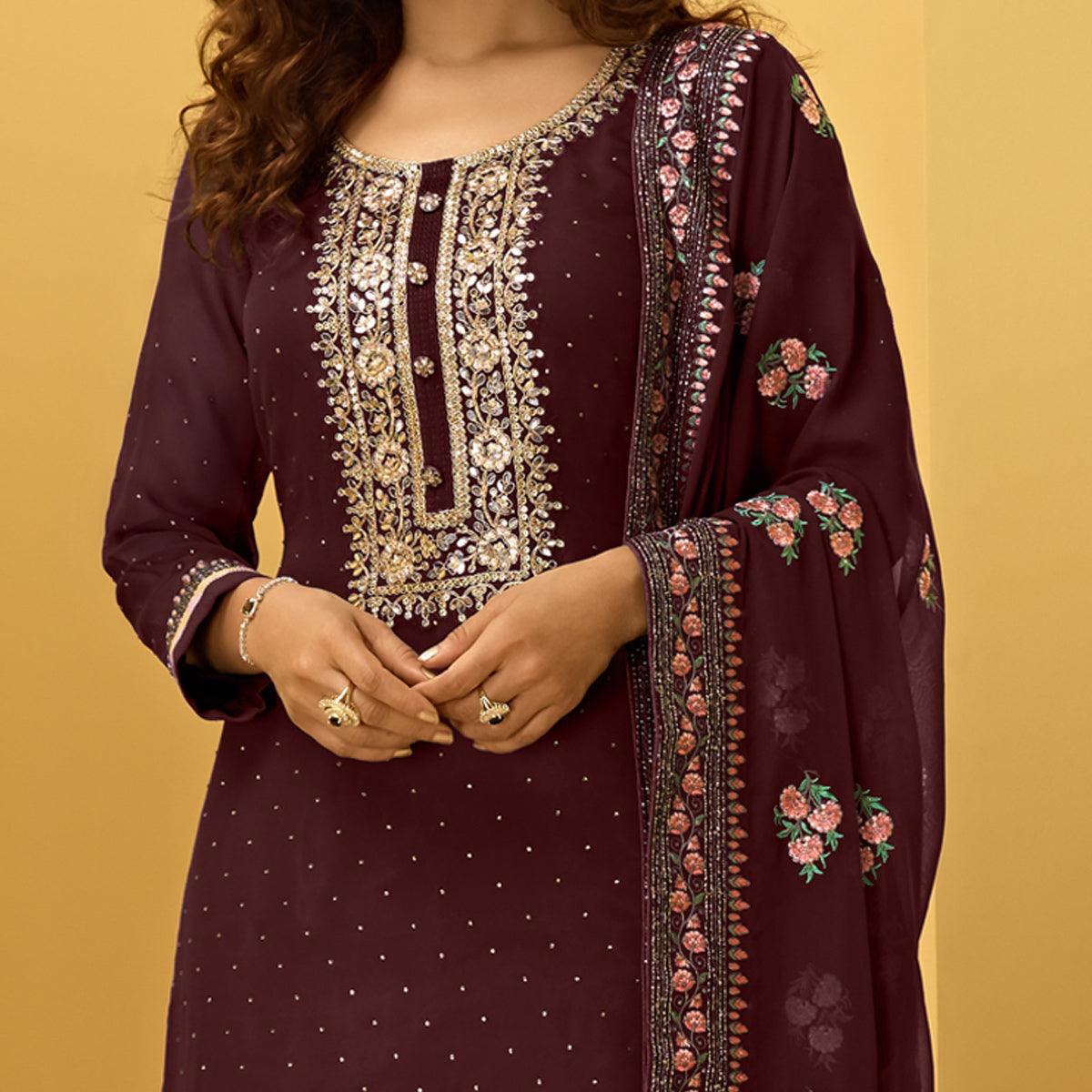 Wine Partywear Floral Zari Embroidery With Swarovski Georgette Palazzo Suit - Peachmode