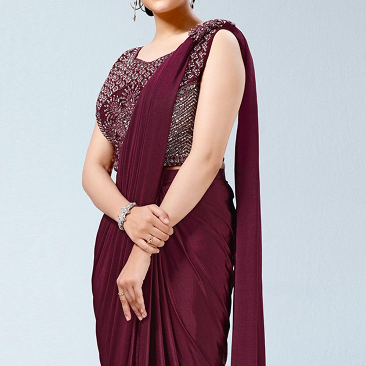 Wine Partywear Frill & Sequence Art Silk Saree - Peachmode