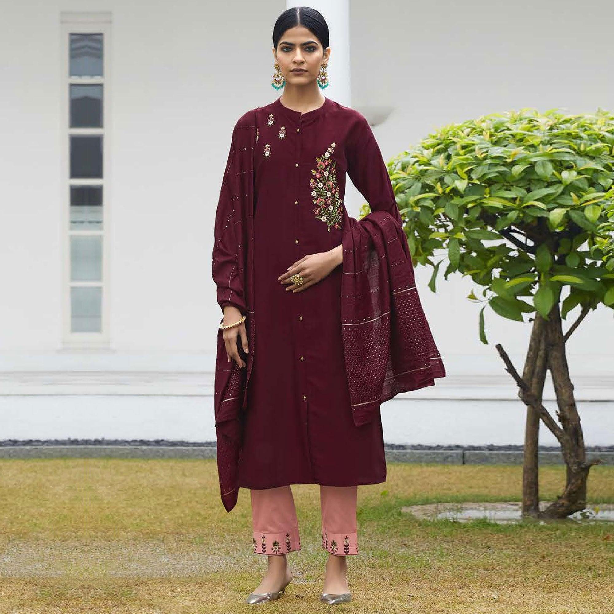 Wine Partywear Heavy Hand Work Bember Silk Suit - Peachmode