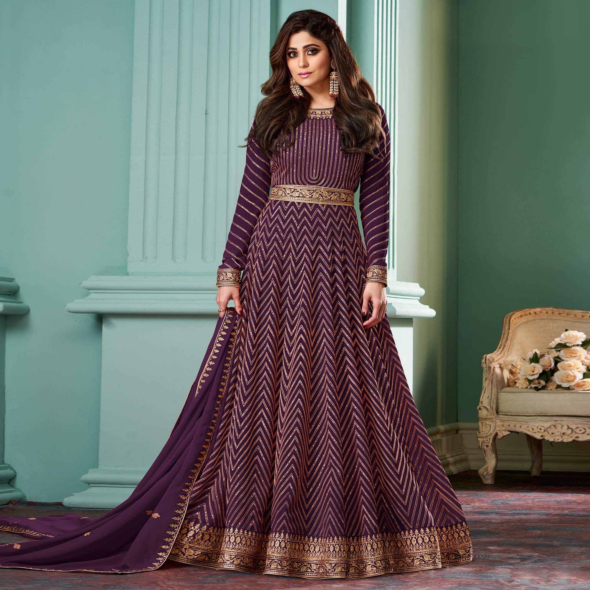 Wine Partywear Sequence Embroidered Georgette Gown - Peachmode