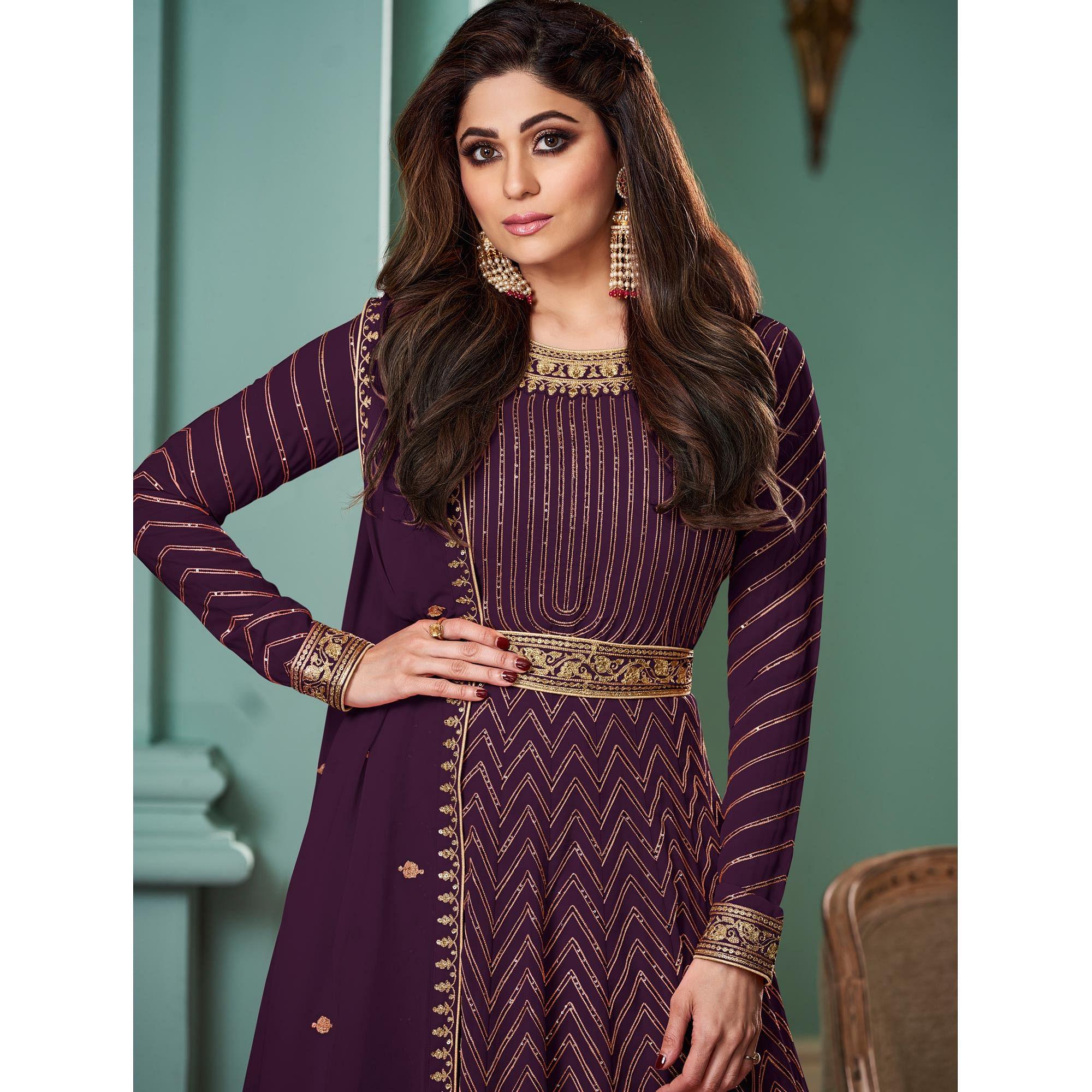 Wine Partywear Sequence Embroidered Georgette Gown - Peachmode