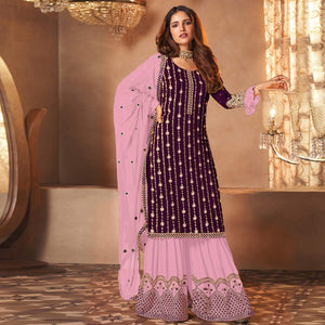 Wine Partywear Sequence Embroidered Georgette Palazzo Suit - Peachmode
