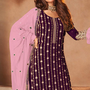 Wine Partywear Sequence Embroidered Georgette Palazzo Suit - Peachmode