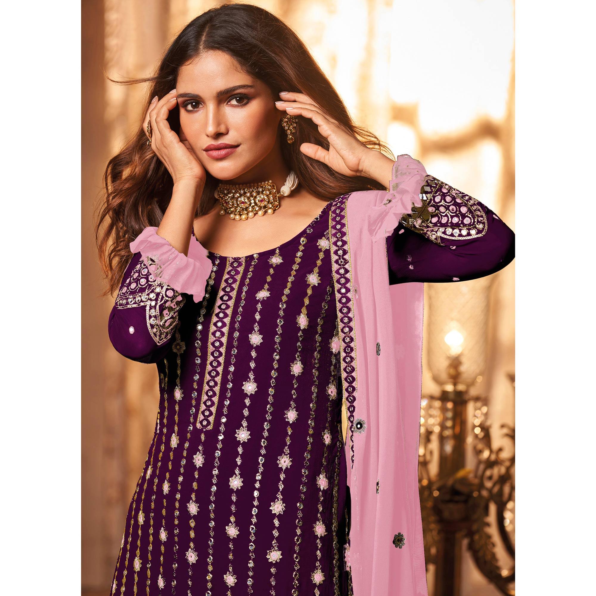 Wine Partywear Sequence Embroidered Georgette Palazzo Suit - Peachmode